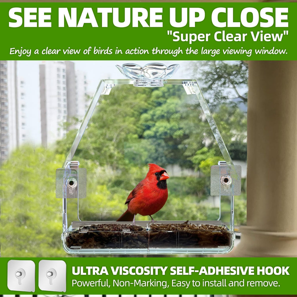 WENMIXER Window Bird Feeder with Non-Marking Self-Adhesive Hooks, Clear and Transparent, Outdoor Wild Bird Watching Gift, Garden Decor (Standard)