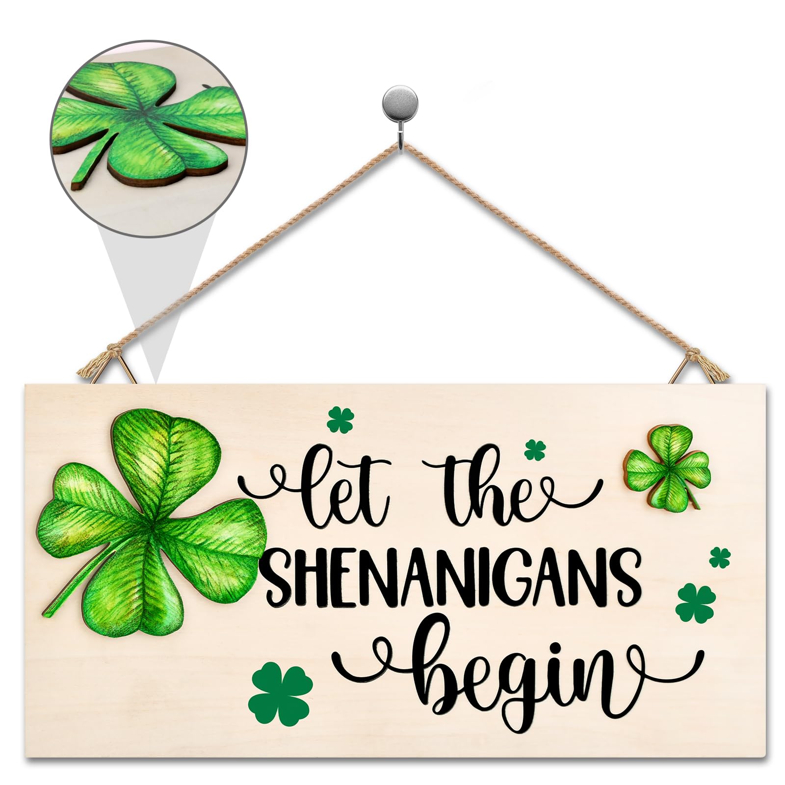 St Patricks Day Decorations Wood Sign with Two 3D Leaves Let the Shenanigans Begin Hanging Wooden Decor Lucky Shamrock Signs for Outdoor Home Door Rustic Farmhouse Party Indoor Wall Art Plaque Gift