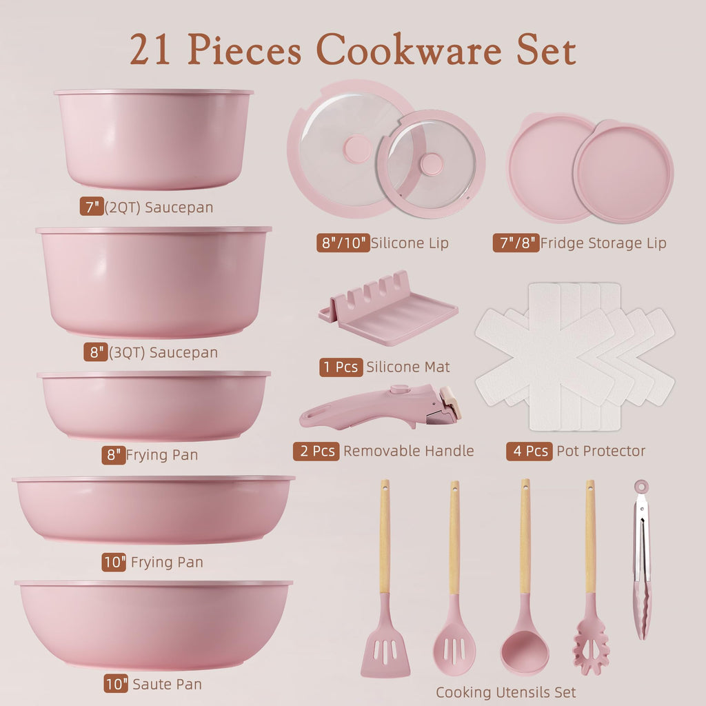 Astercook 21 Pcs Pots and Pans Set Non Stick, Ceramic Cookware Set Detachable Handle, RV Kitchen Cooking Set Removable Handles, Oven Safe, Induction Ready, Stackable, Black, Fathers Day Gift for Men