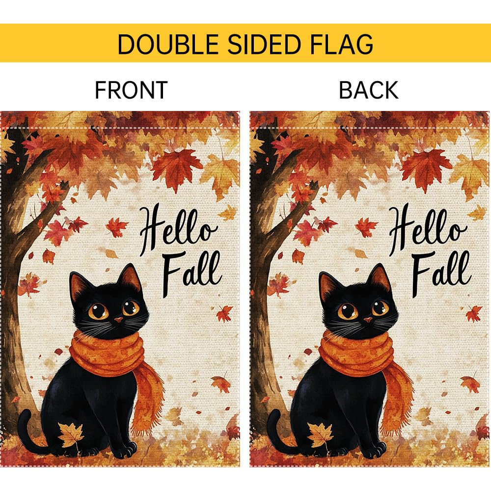 Hello Fall Garden Flag Cat Garden Flags 12x18 Inch Double Sided Vertical Autumn Farmhouse Home Decor Yard Lawn Outdoor Decorations
