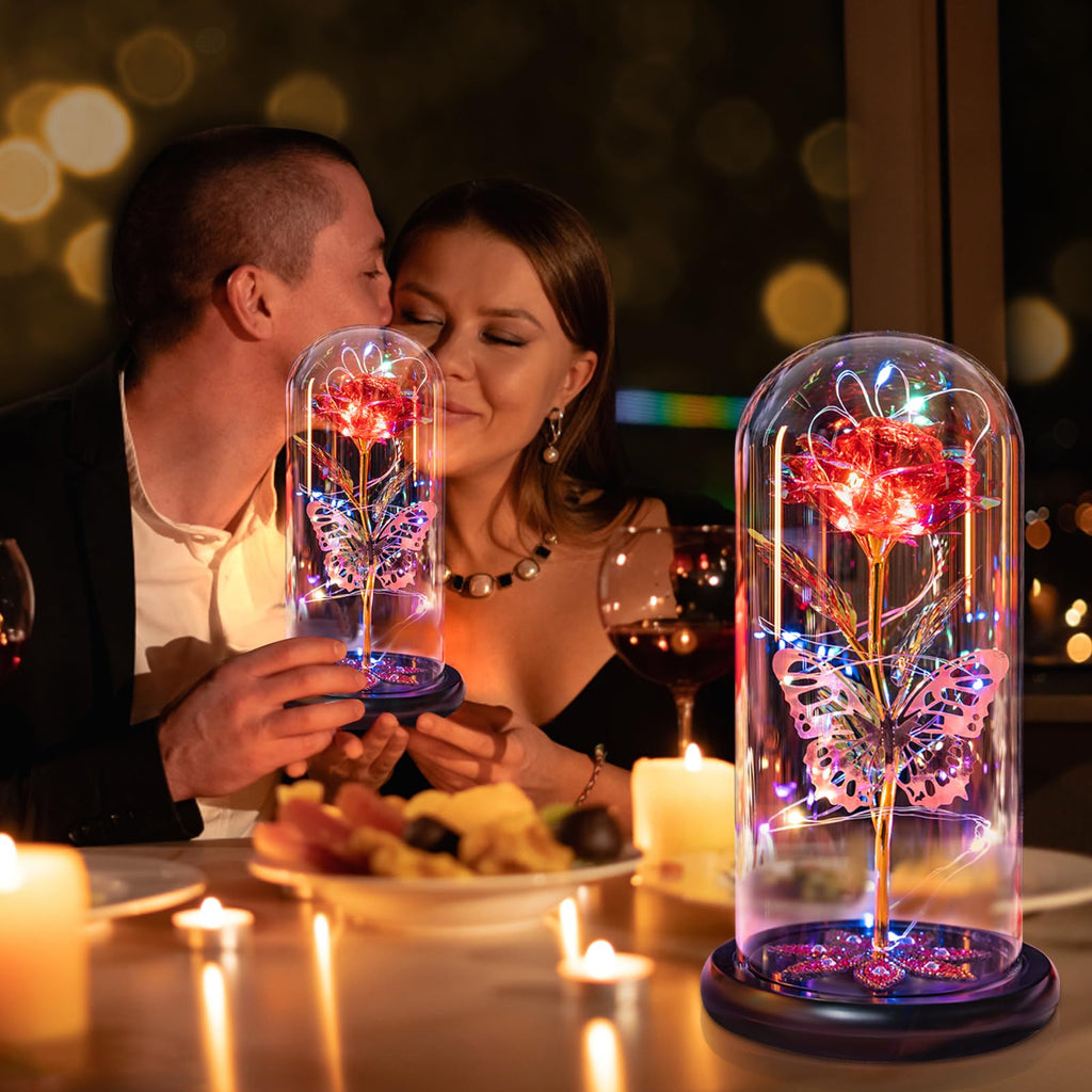 Pusuny Mothers Day Flowers Gifts for Mom Women Birthday Gift Galaxy Glass Rose Forever Eternal Crystal Flowers Rose in Glass Dome with Butterfly Mother's Day Roses Gifts for Mom Daughter Wife Purple