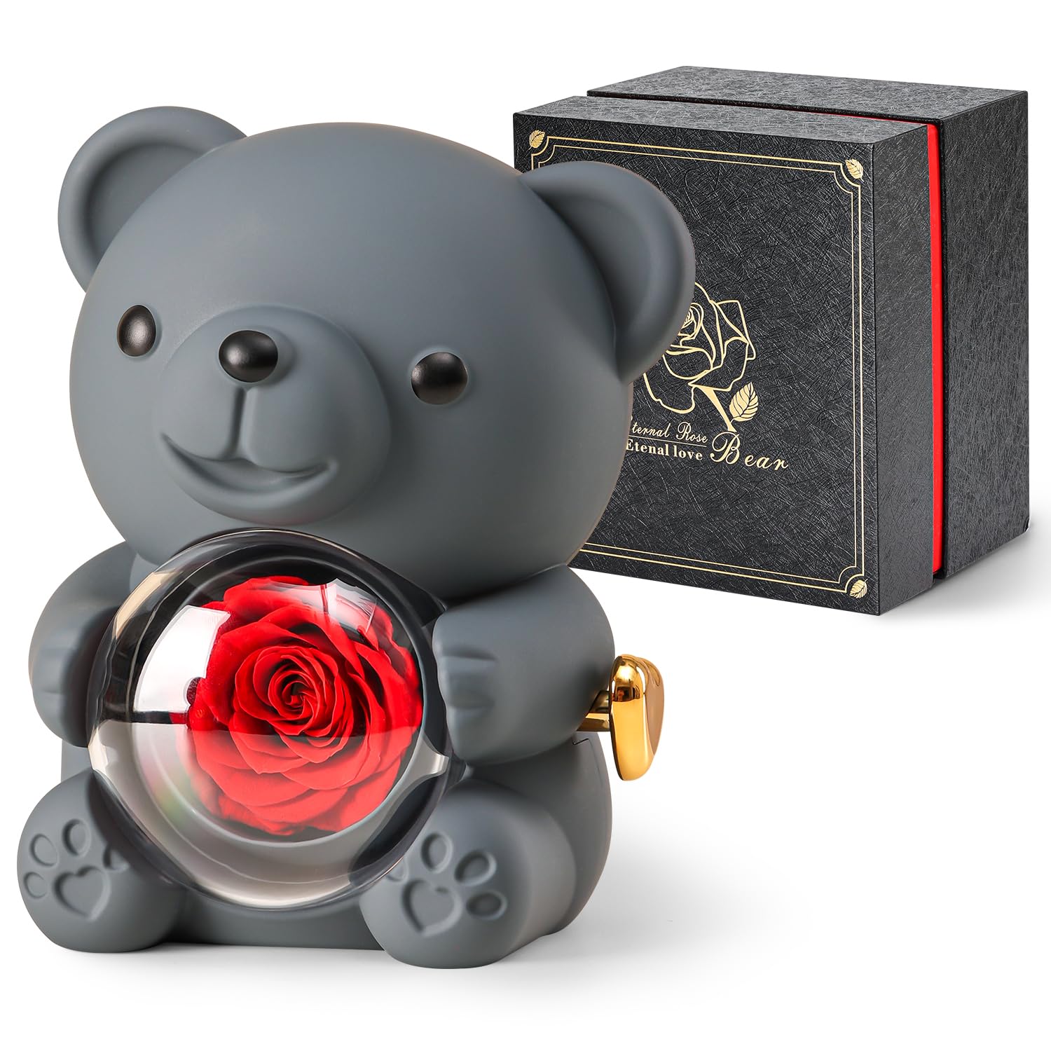 Cute Teddy Bear with Preserved Rose - A Real Rose Flower in Bear with Elegant Gift Box - Romantic Gift for Her in Mother's Day, Weddings, Anniversaries, and Bridal Showers (Red)