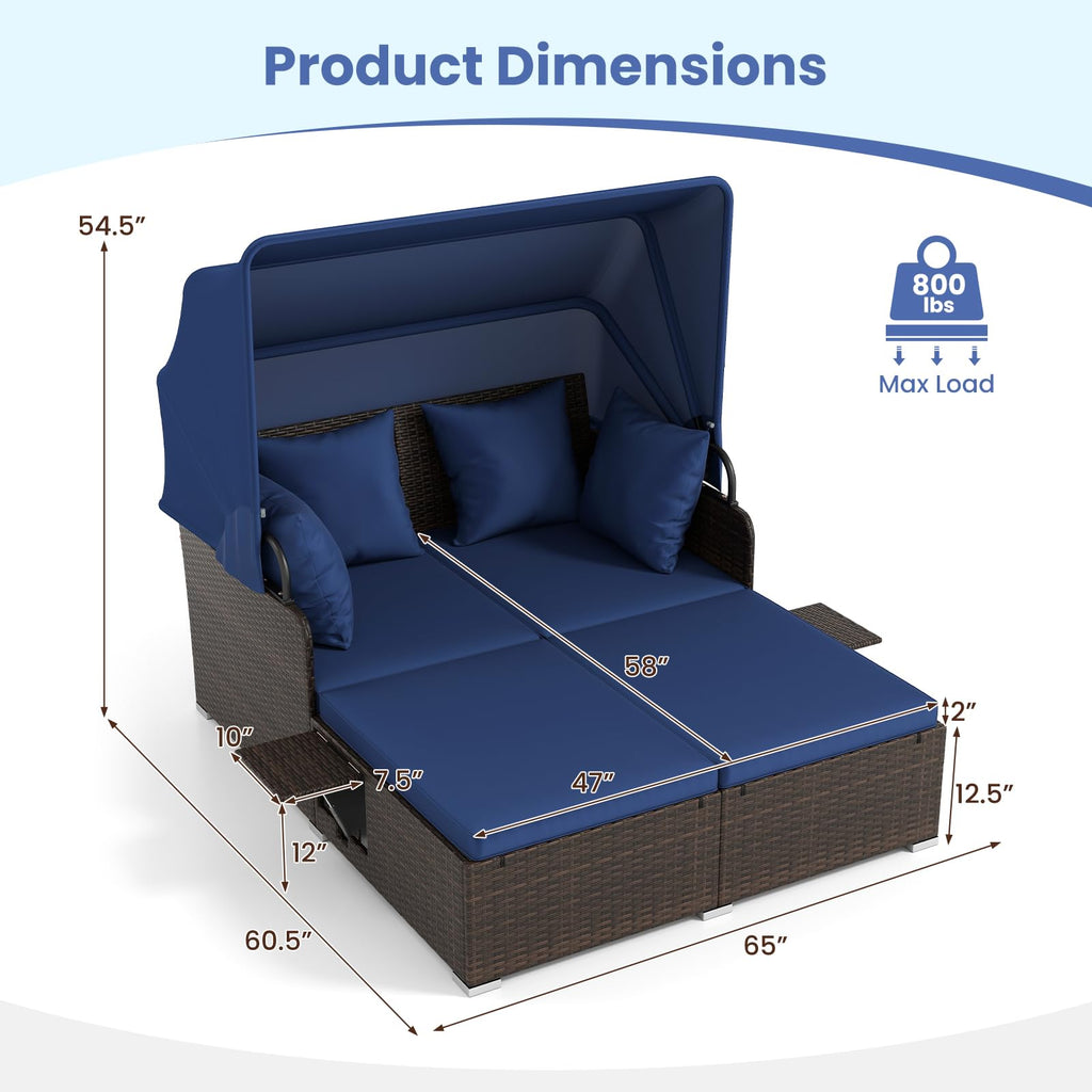 Tangkula Patio Rattan Daybed with Retractable Canopy, Outdoor Wicker Sunbed Lounger with 2 Foldable Side Tables, Thick Seat & Back Cushions, Outside Double Daybed for Garden, Backyard, Porch