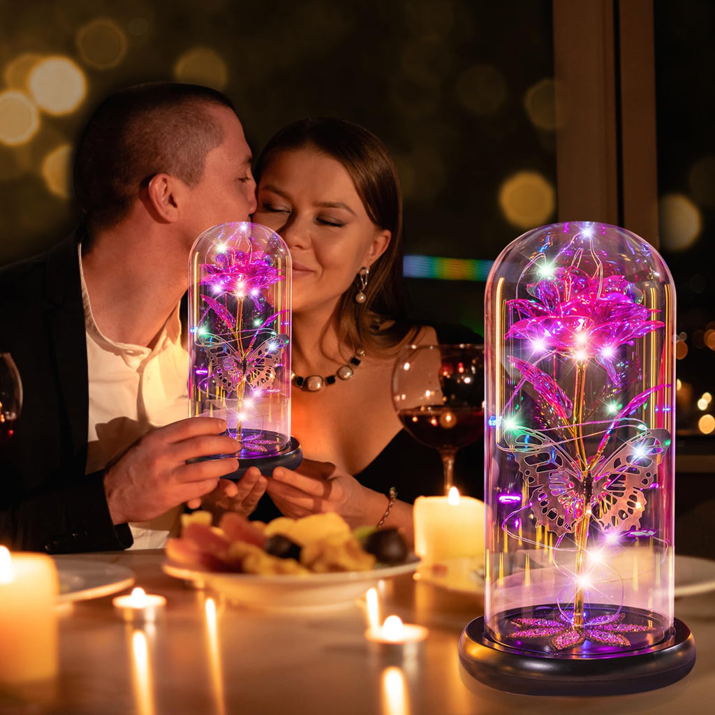 Pusuny Mothers Day Flowers Gifts for Mom Women Birthday Gift Galaxy Glass Rose Forever Eternal Crystal Flowers Rose in Glass Dome with Butterfly Mother's Day Roses Gifts for Mom Daughter Wife Purple