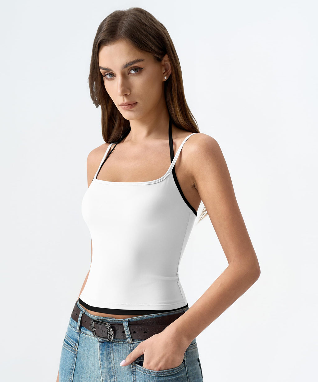 QINSEN Women's Spaghetti Strap Tank Top Slim Fitting Layered Halter Neck Sleeveless Crop Cami Shirt