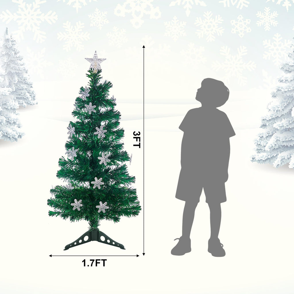 Prsildan 4 FT Artificial Christmas Tree, Pre-Lit Optical Fiber Xmas Trees with Multicolor LED Lights, Snowflakes & Top Star, Lighted Christmas Tree Holiday Home Decor