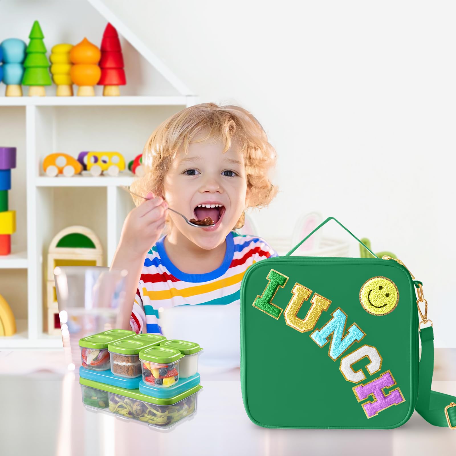 Insulated Lunch Bag With Adjustable Shoulder Strap, Nylon Preppy Lunch Box Large Insulated Lunch Bag Reusable Lunch Tote Bag with Smiley Preppy LunchBag for Girls School Travel Picnic (Purple)