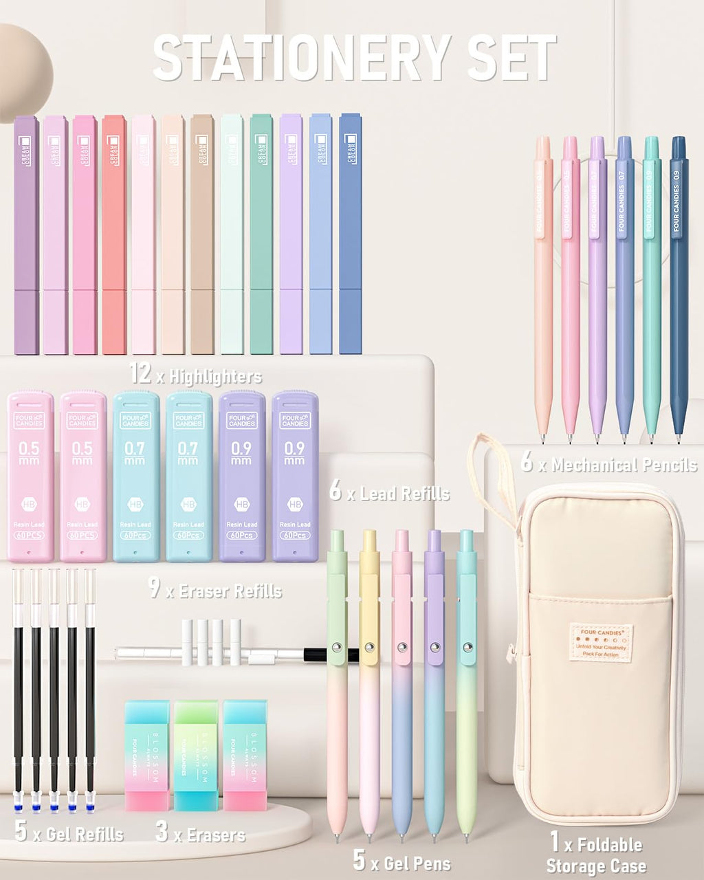 Four Candies 39 PCS Aesthetic Stationery Set with Cute Pen Case, College Supplies and Nursing Student Essentials, 12 Pastel Highlighters, 5 Black Gel Pens, 6 Mechanical Pencils, Blue