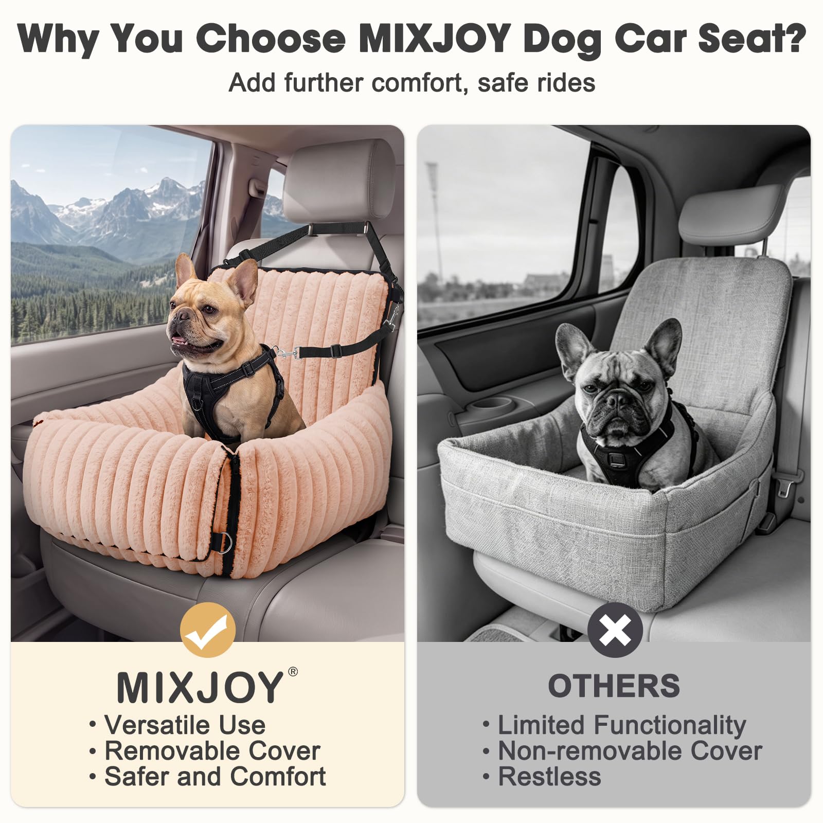 MIXJOY 6-in-1 Dog Car Seat for Small/Medium Dogs up to 25 lbs, Multi-Functional Dog Carrier for Car with Detachable Washable Cover, Pet Travel Bed with Clip-On Safety Leash, Beige