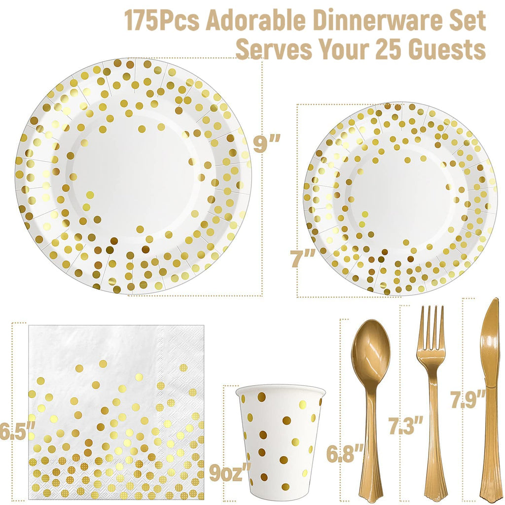 AIRE 175PCS White and Gold Party Supplies, Heavy Duty Disposable Dinnerware Set Serves 25, Paper Plates Plastic Forks Knives Spoons for Birthday,Graduation, Bridal Shower Decoration