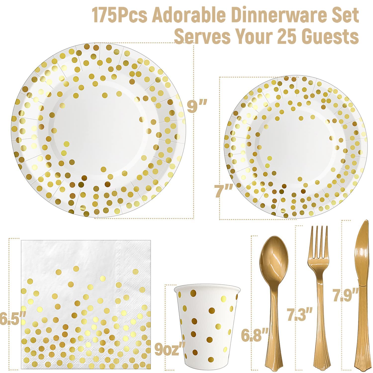 AIRE 175PCS White and Gold Party Supplies, Heavy Duty Disposable Dinnerware Set Serves 25, Paper Plates Plastic Forks Knives Spoons for Birthday,Graduation, Bridal Shower Decoration