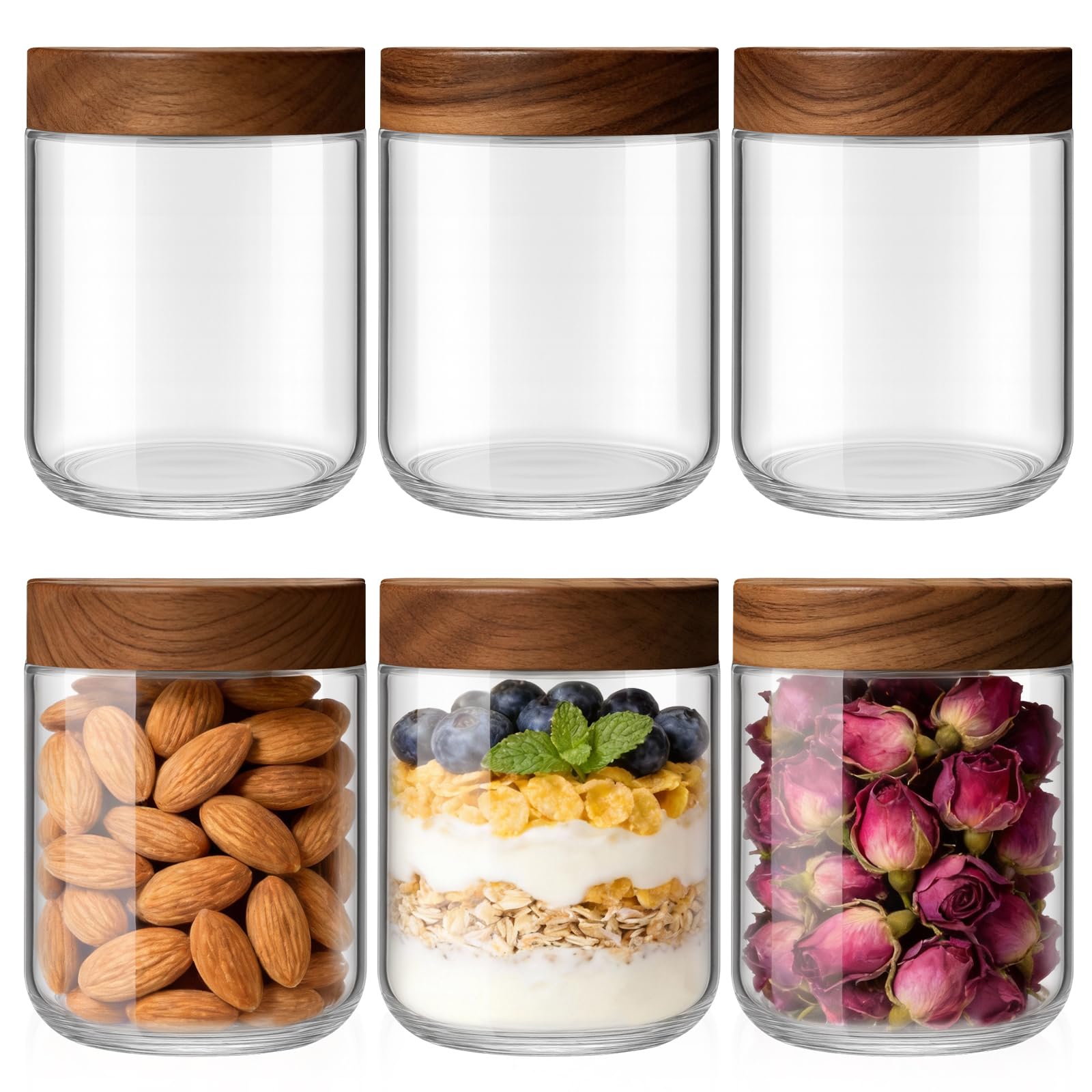 Bumobum 10 oz Small Glass Jars with Lids, Glass Container with Acacia Wood Airtight Lid, Wide Mouth Canisters for Chia Pudding Loose Tea Coffee Meal Prep Parfait Salad Snacks Yogurt Spice, 4-Pack