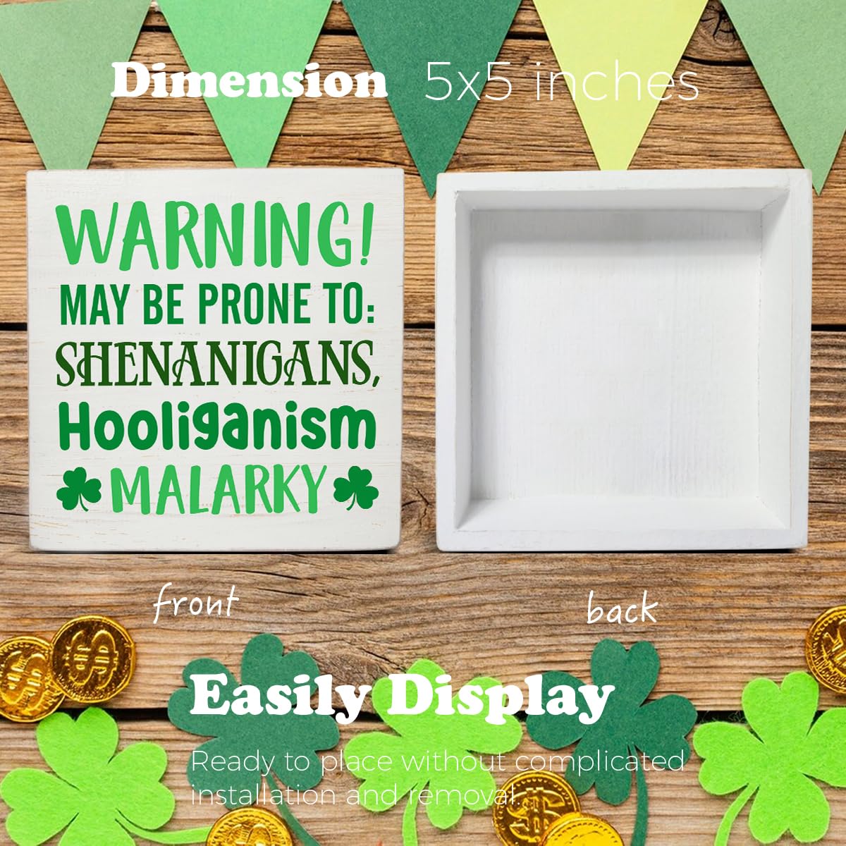 Dumyum St. Patrick's Day Decorative Sign, Wooden, 5 Inches x 5 Inches, Green, Rustic, Tabletop or Wall Mount