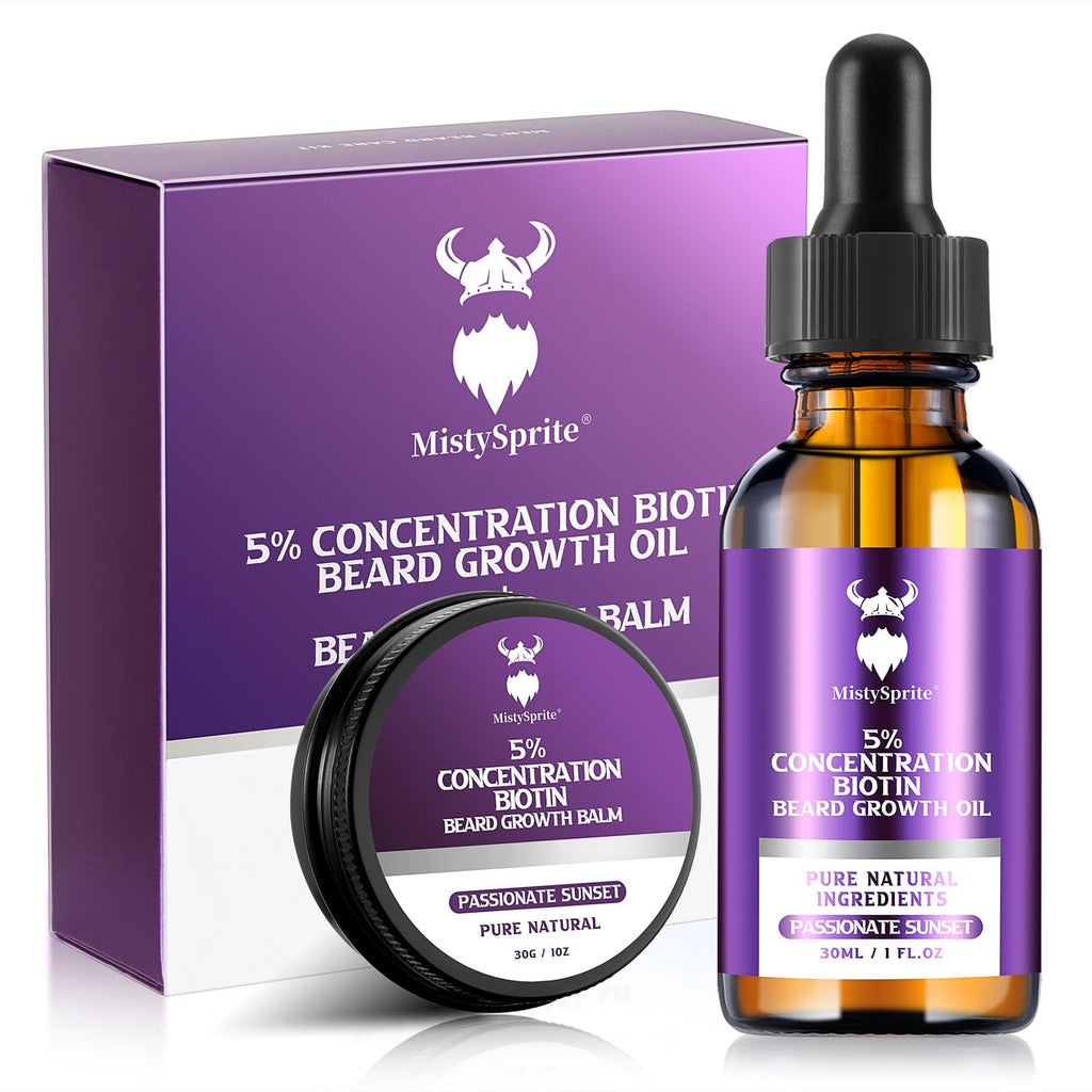 MistySprite Beard Growth Kit for Men, 2X Concentration Biotin Beard Oil & Styling Balm, Natural Facial Hair Conditioner with Argan, Jojoba & Vitamin E, Sandalwood Scent Softener