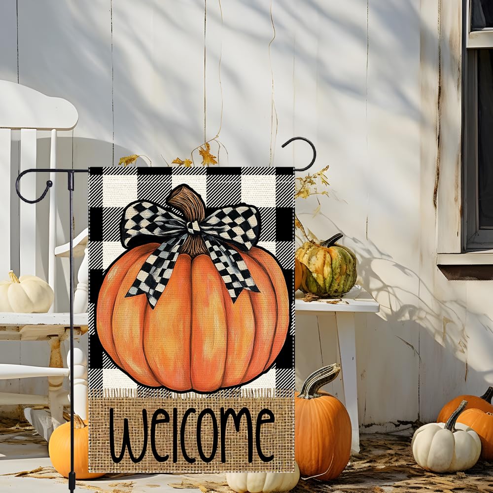 Fall Garden Flag For Outdoor Decor Thanksgiving Garden Flags Autumn Stained Glass Pumpkin Maple Leaf Double Sided Small Burlap Outside Porch Lawn Yard Flags Decorations 12.5x18 Inch