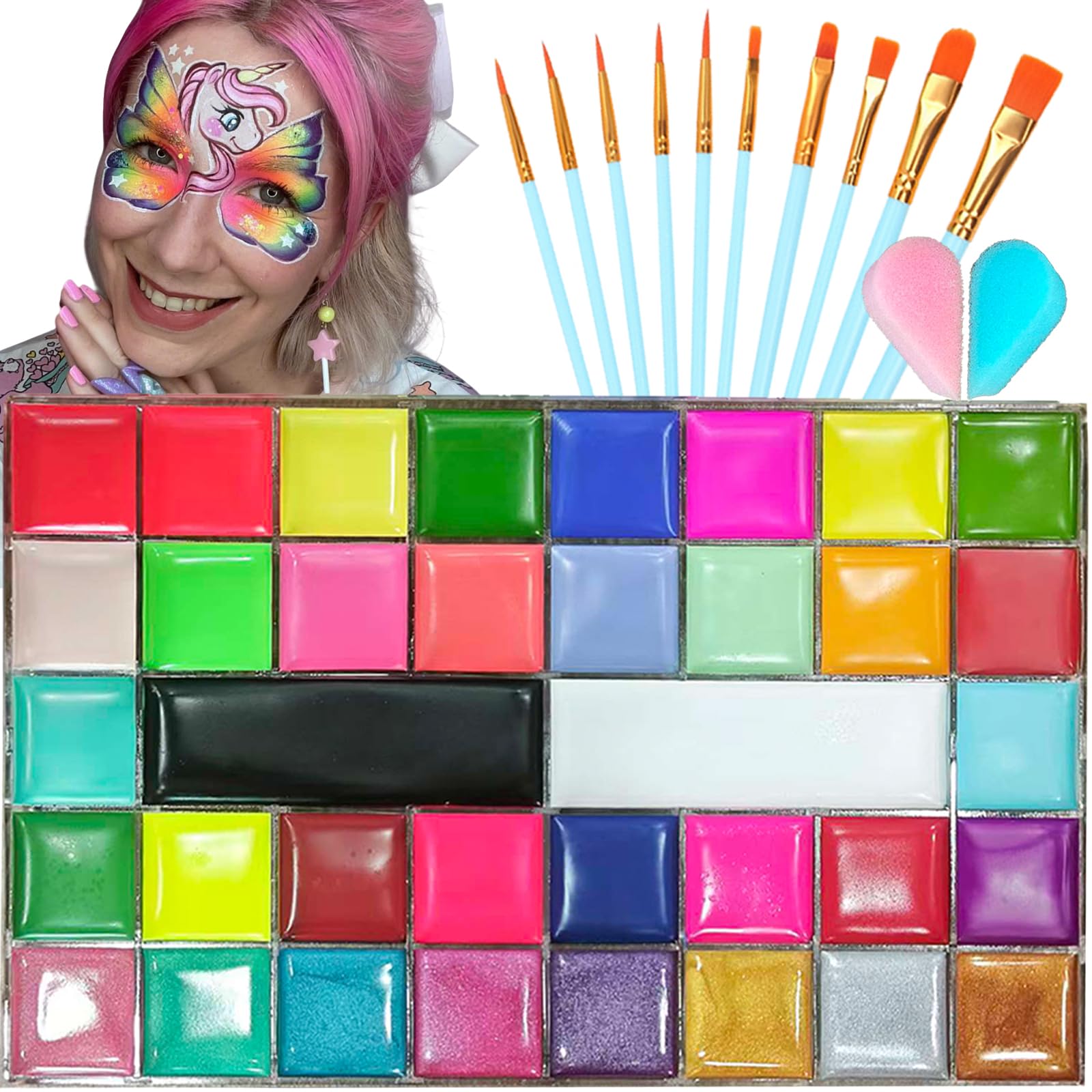 Face Painting Kit for Kids, 42 Colors Professional Face Paint Makeup Kit Non-Toxic Water Activated Facepaint Palette with Brush, Stencil, Sponge, Gem, for Party Halloween Christmas (42 Colors)