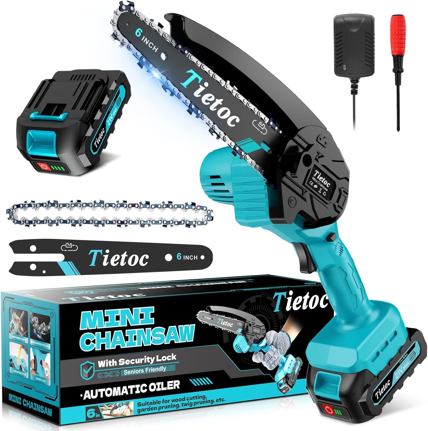 Tietoc Chainsaw 6 Inch Mini Electric Chainsaw Cordless Battery Powered, Hand Held Saw for Wood/Trees Trimming, Tools for Household and Garden, Chain Saw Gift for Men Dad Husband Fathers Gardener 2026
