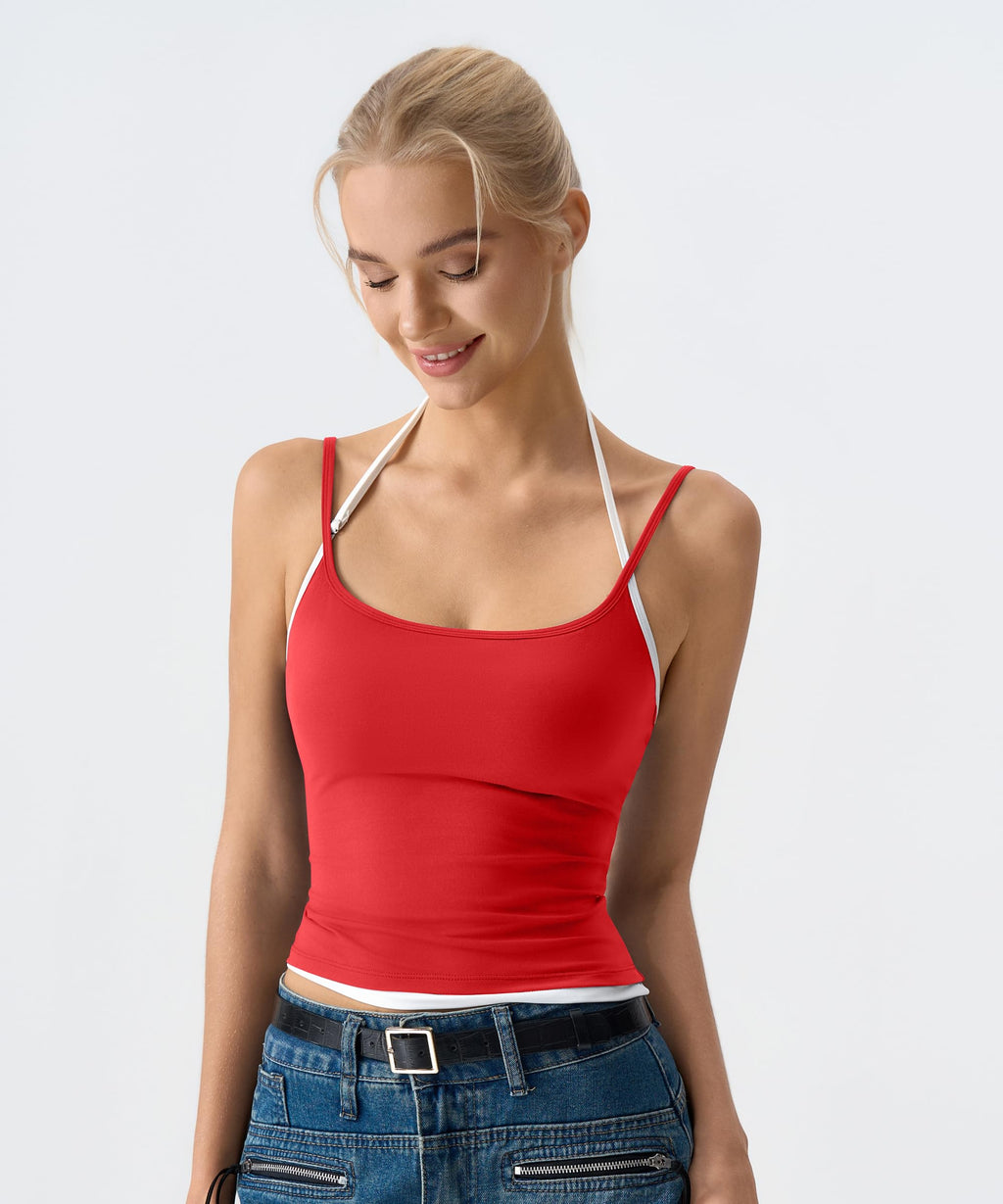 QINSEN Women's Spaghetti Strap Tank Top Slim Fitting Layered Halter Neck Sleeveless Crop Cami Shirt