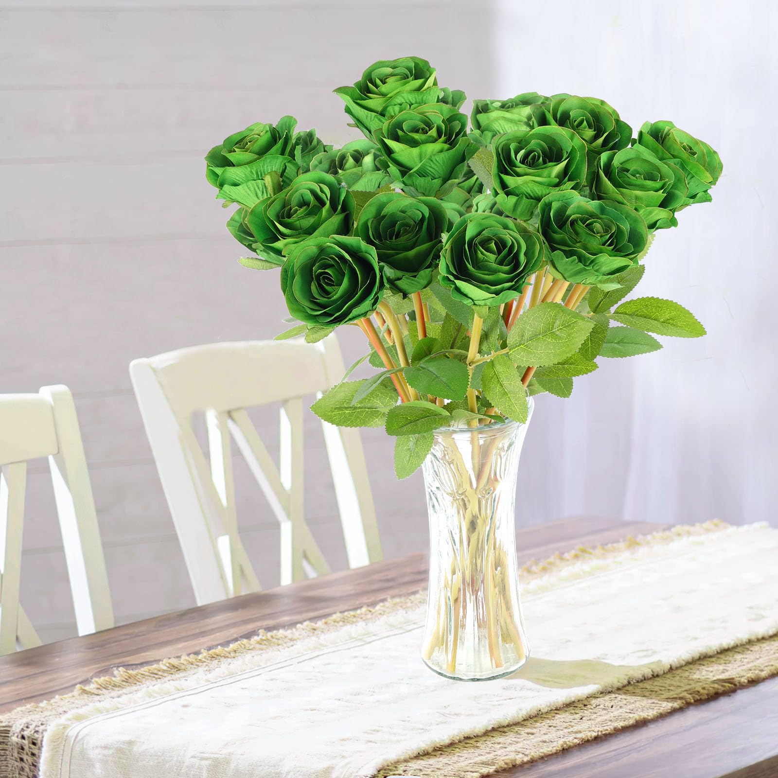 Hananona Artificial Roses Flowers for St. Patrick's Day，12 Pcs Silk Green Rose Bouquet for Spring Home Decoration, Green Faux Roses for Wedding