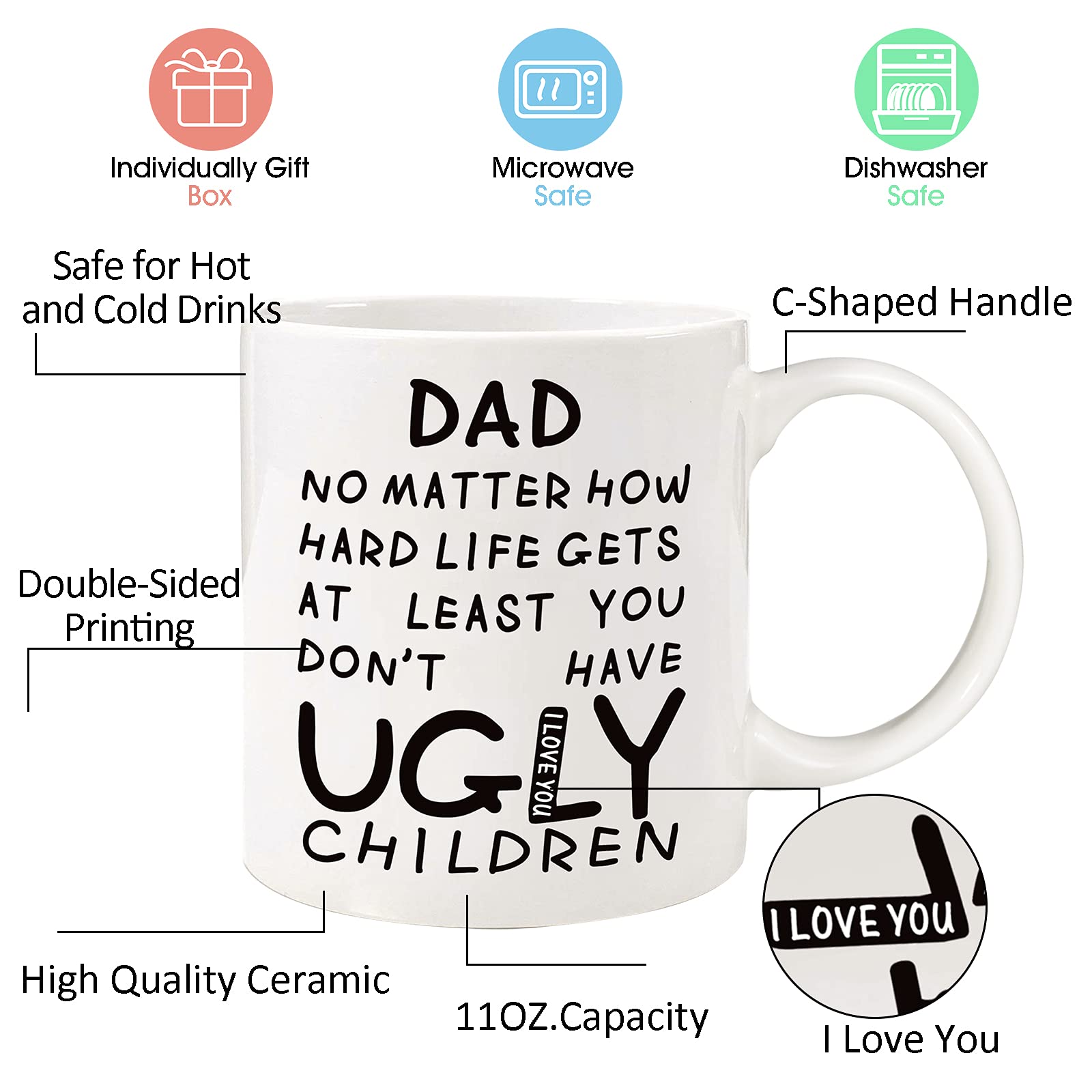 Fathers Day Dad Gifts from Daughter Son - 11oz Funny Coffee Mug for Dad Husband from Wife Kids Unique Ceramic Cup Printed on Both Sides Personalized Birthday Father’s Day Presents for Daddy Stepfather