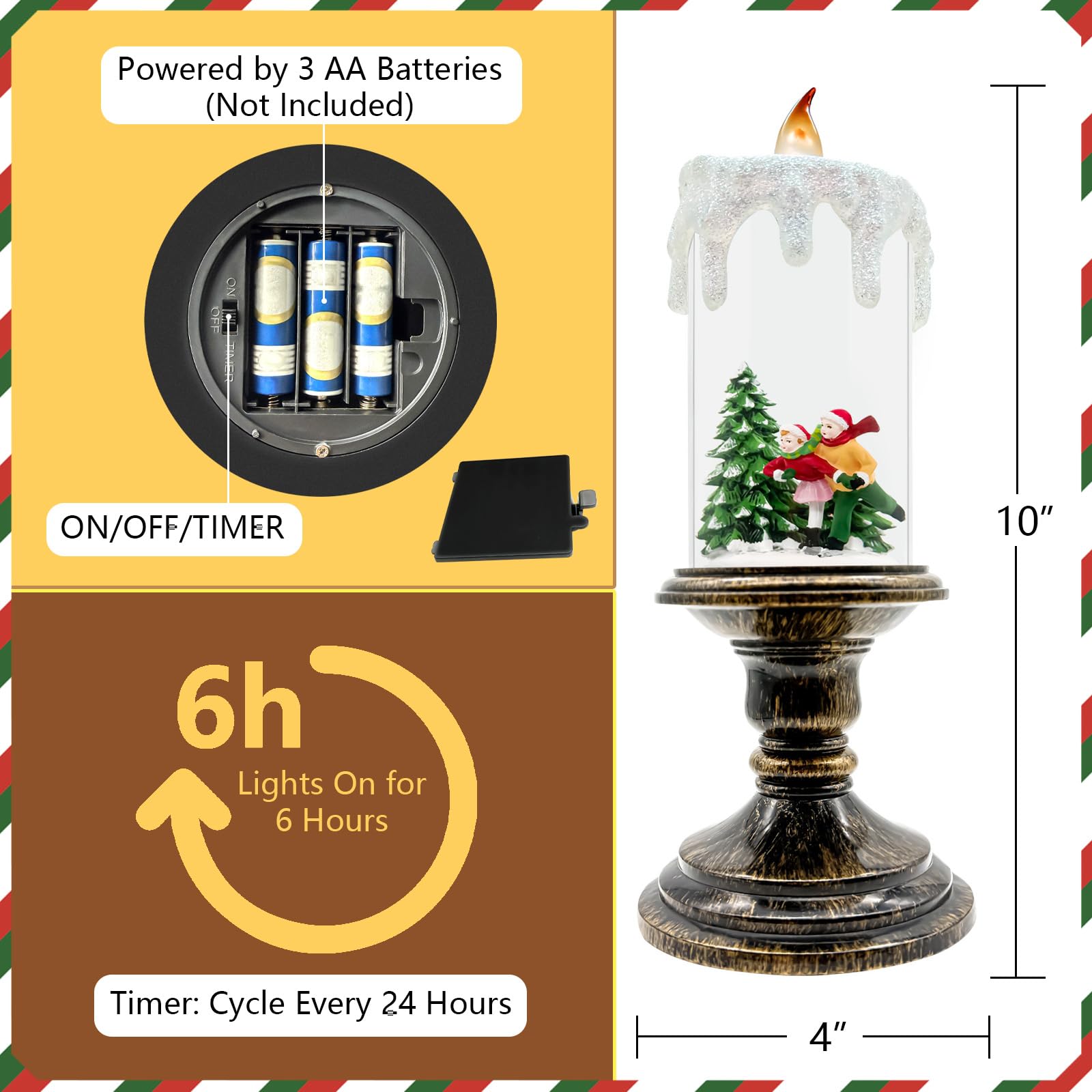 Christmas Snow Globe Candle Lantern with Snowman & Reindeer, Vintage-Style LED with Glitter Swirl & 6H Timer, Battery Operated (3×AA) Holiday Decoration for Tabletop & Mantel
