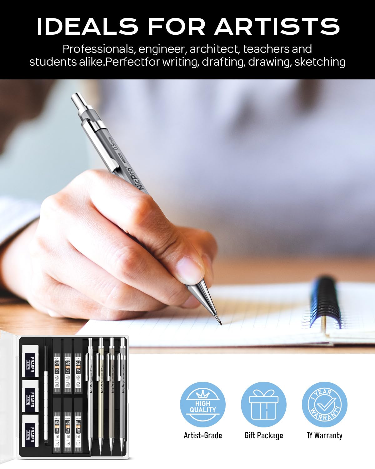 Nicpro 4 Pack Mechanical Pencil 0.7mm with Case, MB1000 Metal Mechanical Pencil Set with 6 Tube HB #2 Lead Refill 0.7 mm, 3PCS 4B Eraser, 9 Cap Eraser for Artist Drafting Writing, Sketching, Drawing