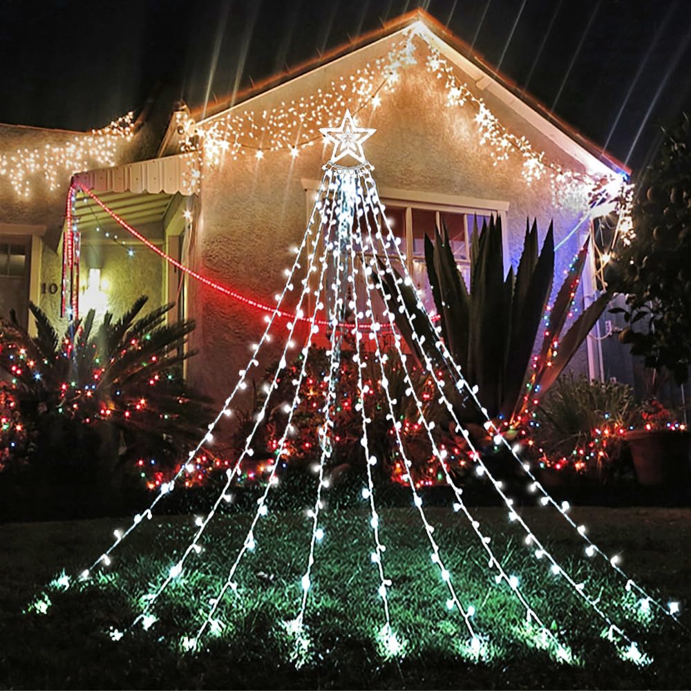 Aokudoni Outdoor Christmas Decorations: 12.6ft 350LED Waterfall Lights 8 Modes Christmas Lights, Xmas Tree House Yard Porch Patio Garden Decor, Multicolor