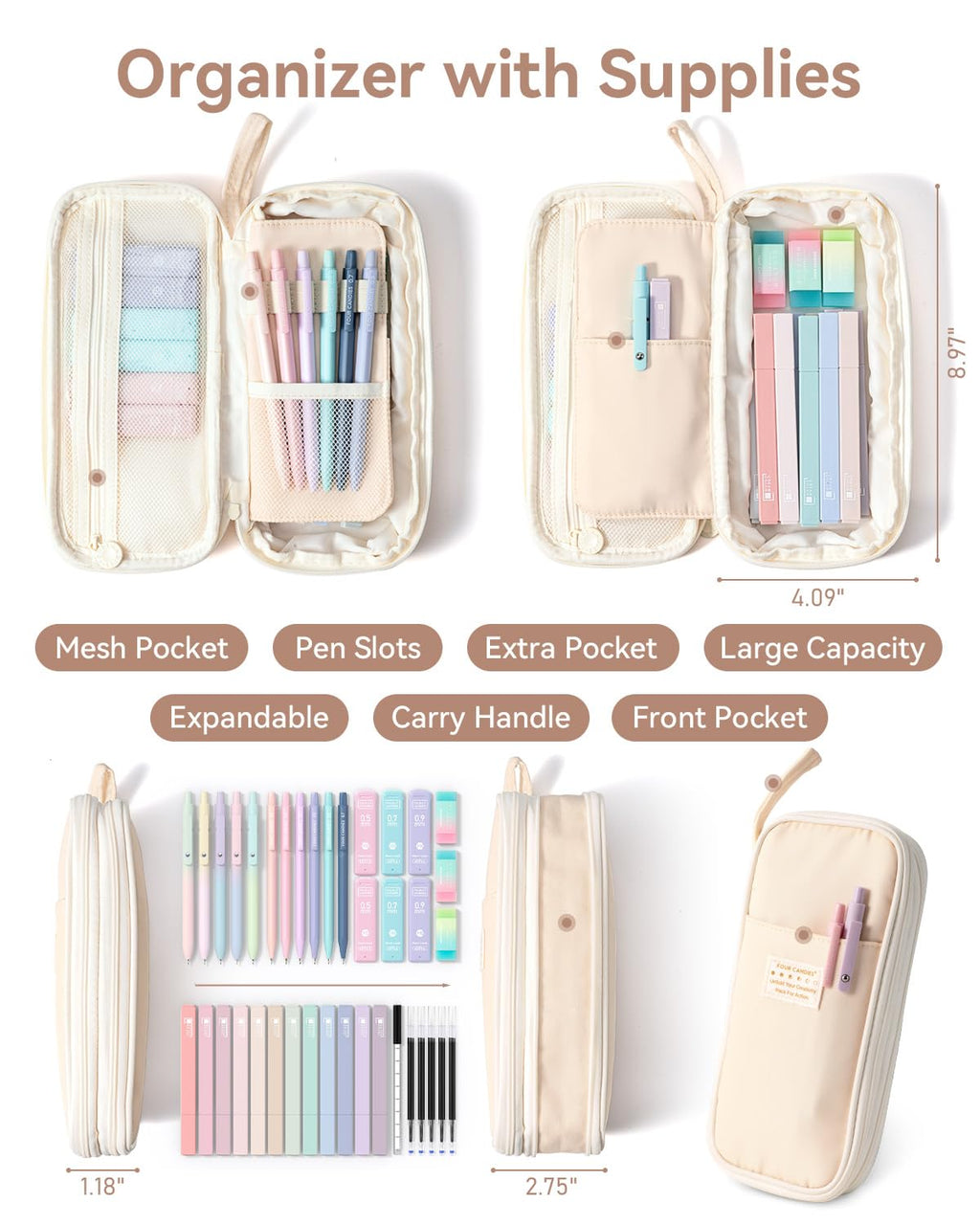 Four Candies 39 PCS Aesthetic Stationery Set with Cute Pen Case, College Supplies and Nursing Student Essentials, 12 Pastel Highlighters, 5 Black Gel Pens, 6 Mechanical Pencils, Blue