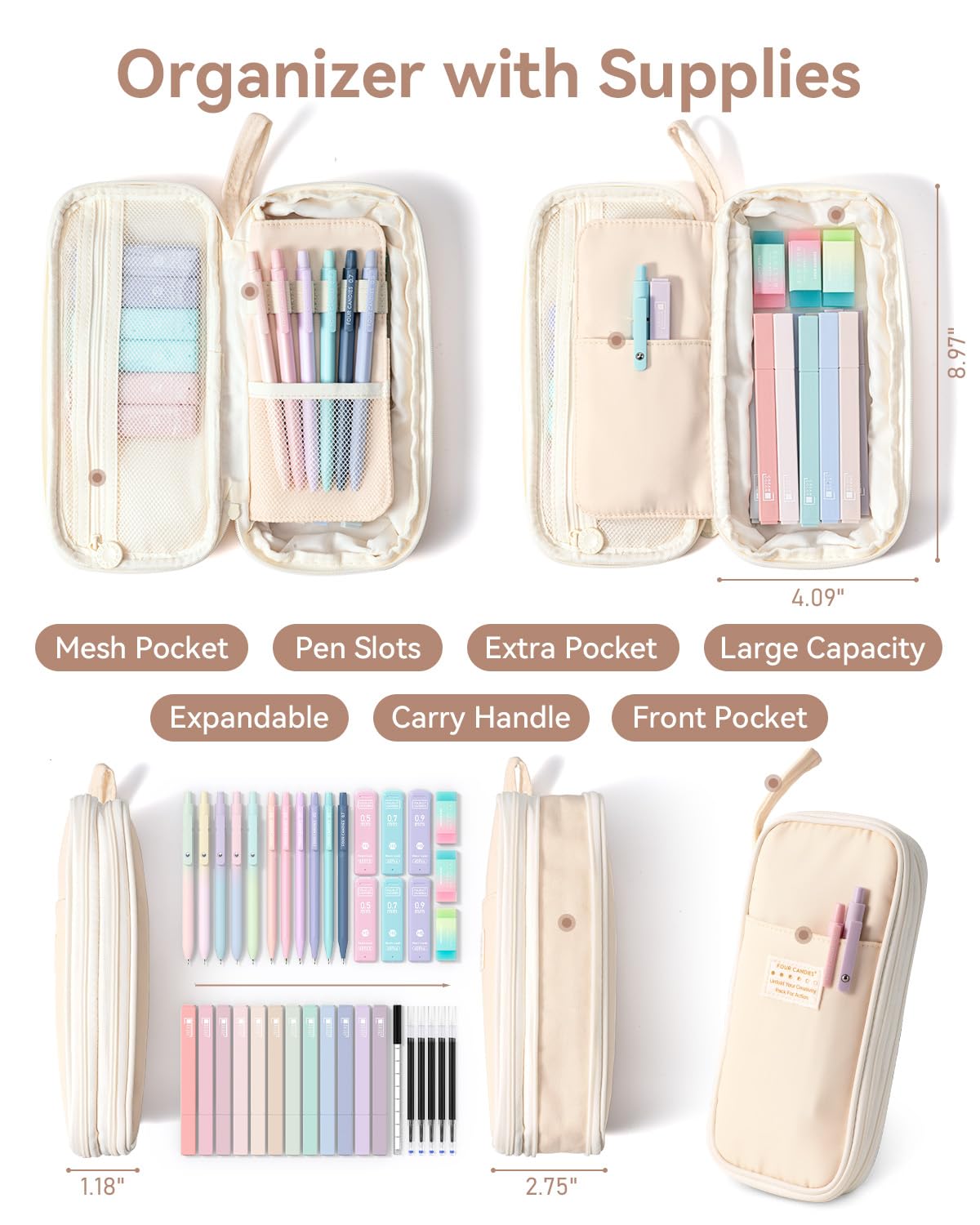 Four Candies 39 PCS Aesthetic Stationery Set with Cute Pen Case, College Supplies and Nursing Student Essentials, 12 Pastel Highlighters, 5 Black Gel Pens, 6 Mechanical Pencils, Blue