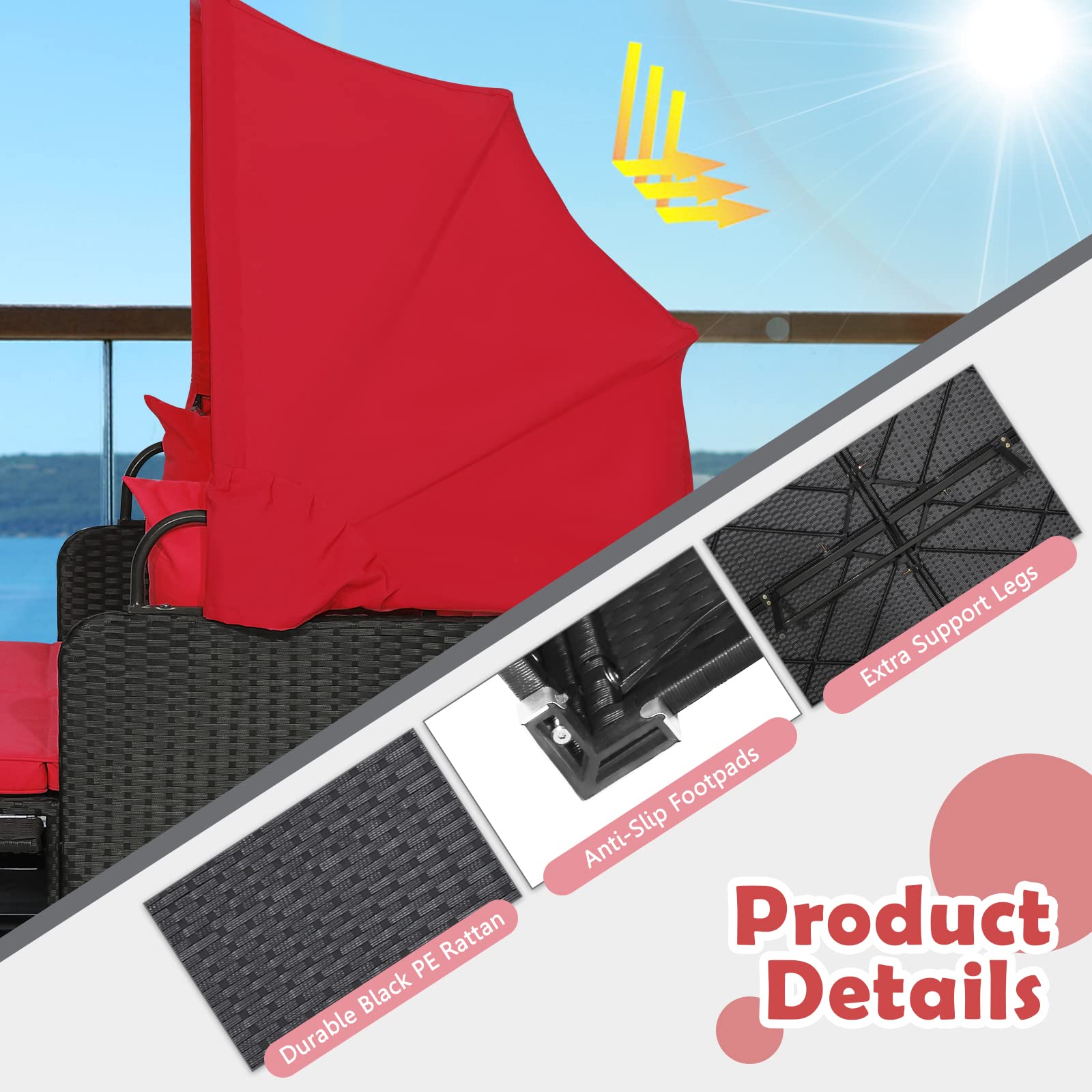 Tangkula Patio Rattan Daybed with Retractable Canopy, Outdoor Wicker Sunbed Lounger with 2 Foldable Side Tables, Thick Seat & Back Cushions, Outside Double Daybed for Garden, Backyard, Porch