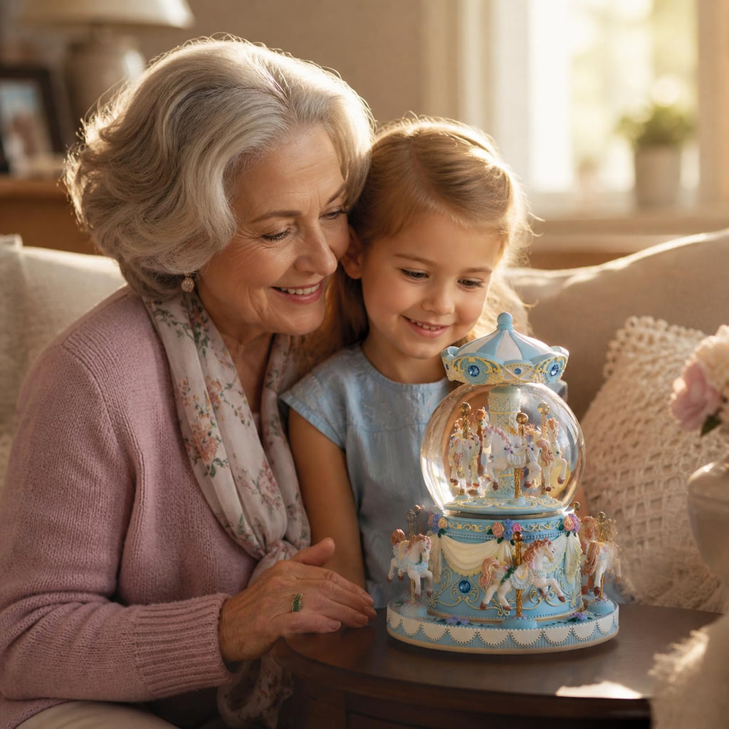 Blue Carousel Snow Globe Music Box with LED Lights, Rotating Horse Merry Go Round, Wind Up Musical Snow Globe Plays You are My Sunshine, Gift for Daughter Granddaughter Mom Women