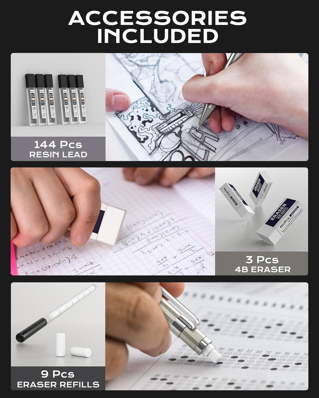 Nicpro 4 Pack Mechanical Pencil 0.7mm with Case, MB1000 Metal Mechanical Pencil Set with 6 Tube HB #2 Lead Refill 0.7 mm, 3PCS 4B Eraser, 9 Cap Eraser for Artist Drafting Writing, Sketching, Drawing