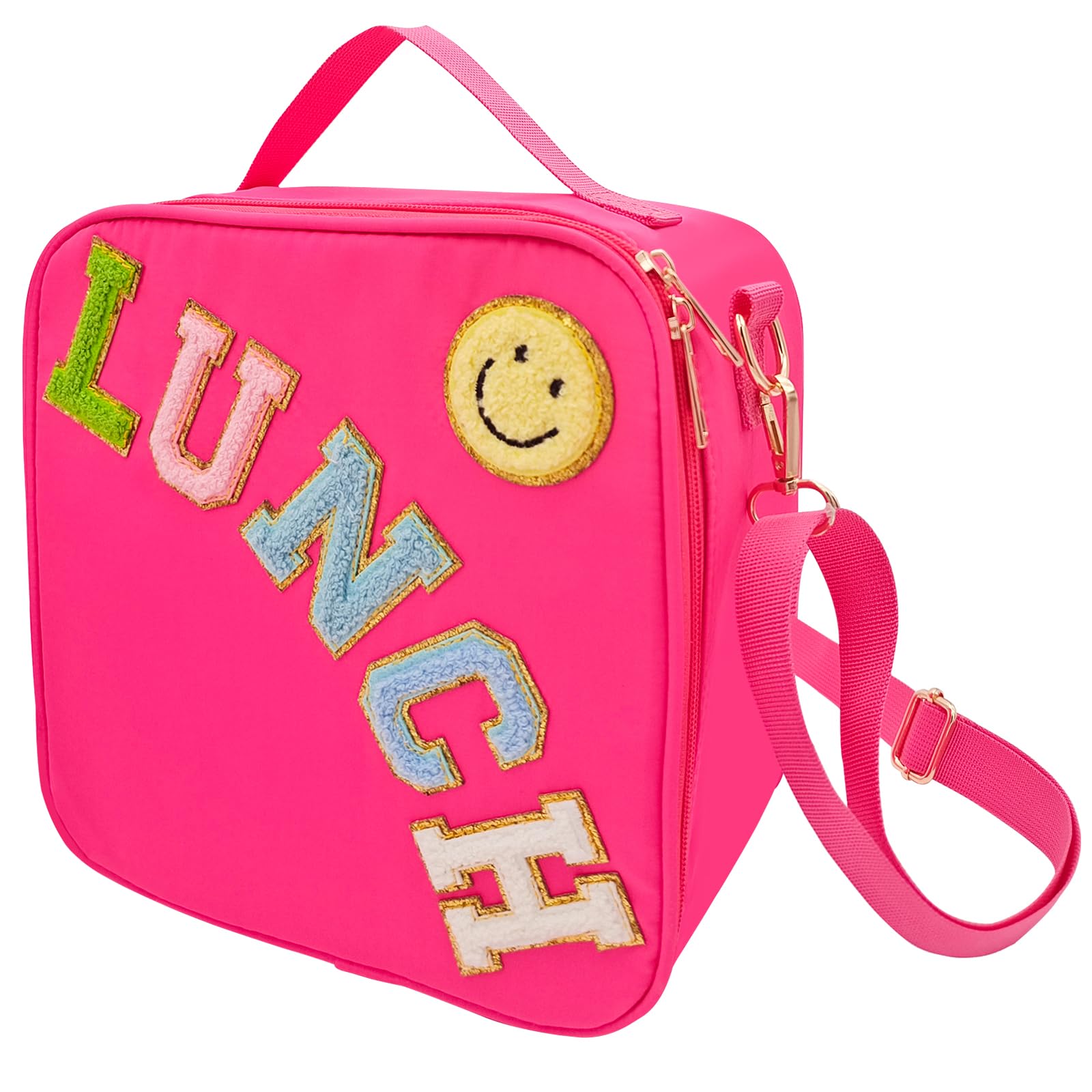 Insulated Lunch Bag With Adjustable Shoulder Strap, Nylon Preppy Lunch Box Large Insulated Lunch Bag Reusable Lunch Tote Bag with Smiley Preppy LunchBag for Girls School Travel Picnic (Purple)