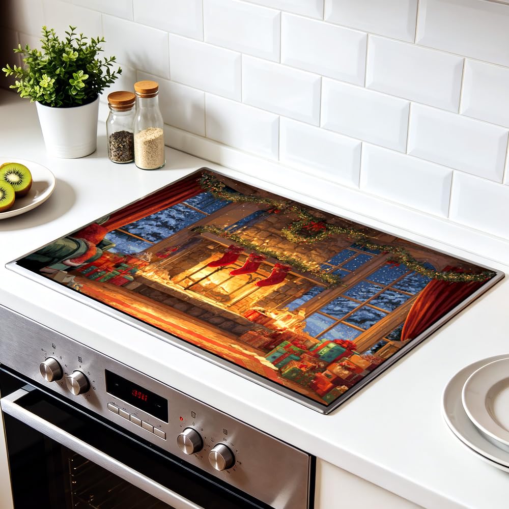 Stove Mat 28.35 x 20.47 Inch Christmas Fireplace and Tree Design Cozy Living Room Holiday Scene Decorative Kitchen Countertop Cover Reusable Flexible Mat for Gas Range Electric Stove Home Winter Décor