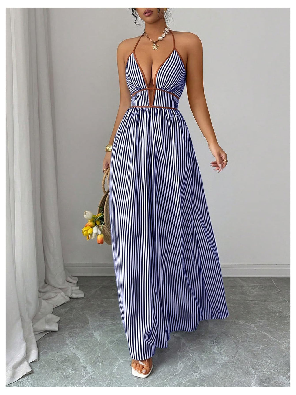 Floerns Women's Striped Halter Maxi Dress Backless Smocked Beach Vacation Boho Dress