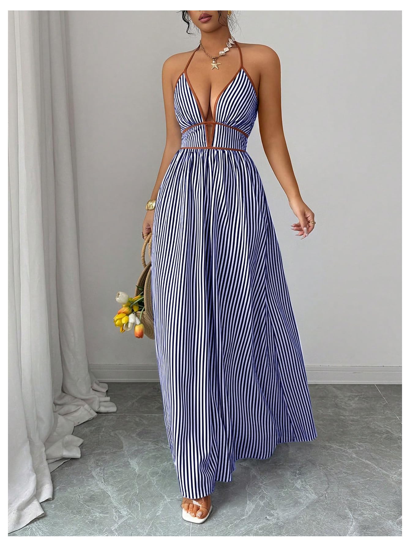 Floerns Women's Striped Halter Maxi Dress Backless Smocked Beach Vacation Boho Dress