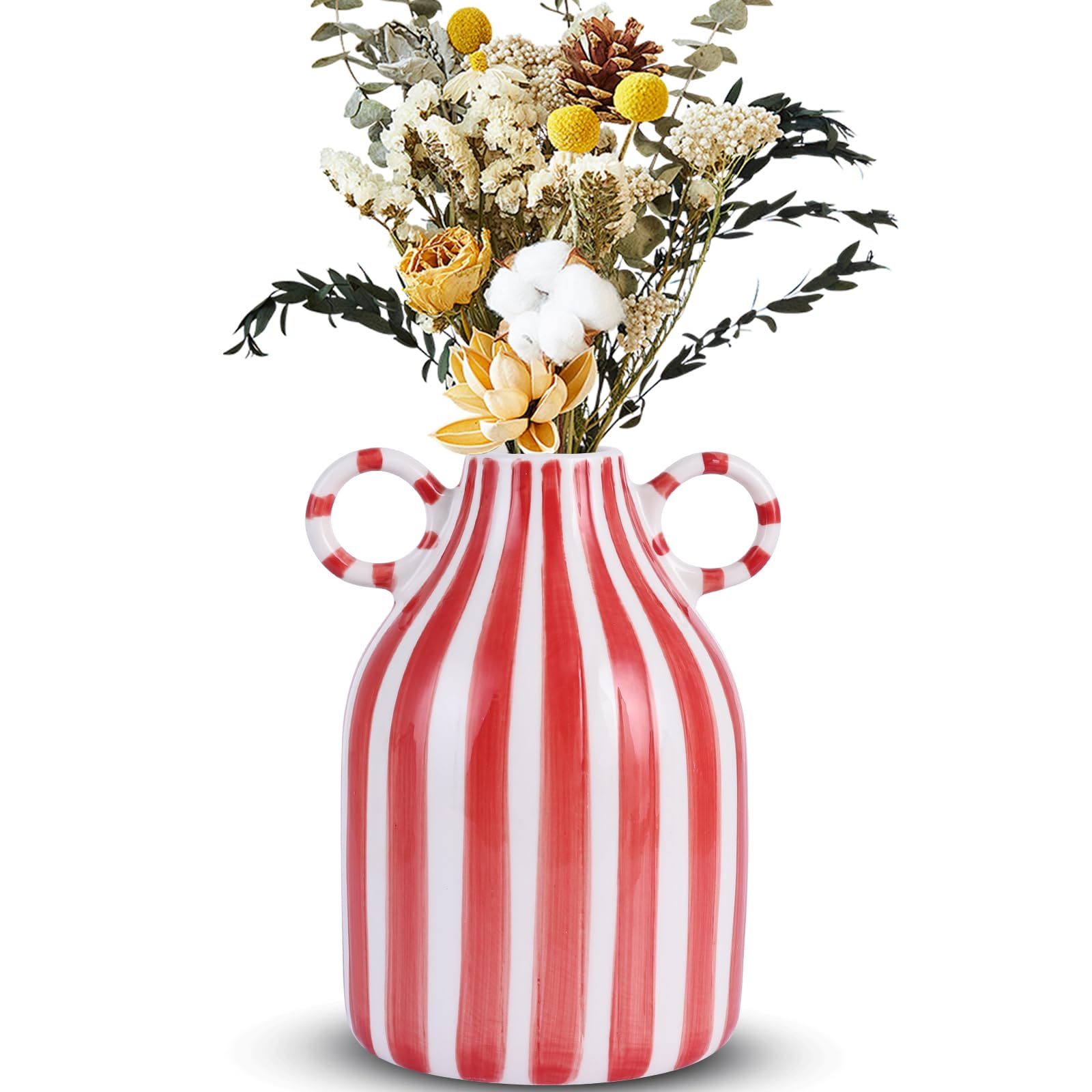 LCCCK Red and White Ceramic Vase, Mid Century Modern Striped Small Vases for Flower&Pampas Grass Centerpiece, Red White Checkered Vase for Dining Table Kitchen Tabletop Minimalist Decorative