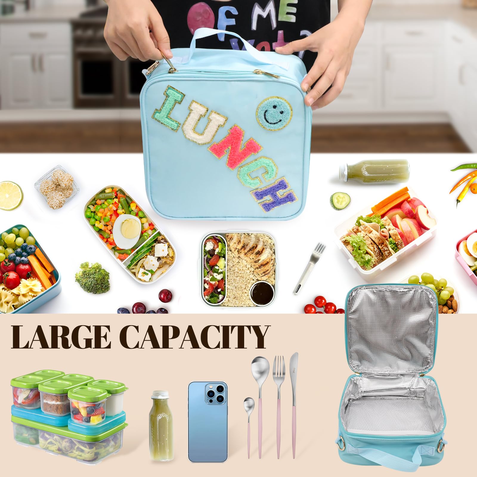 Insulated Lunch Bag With Adjustable Shoulder Strap, Nylon Preppy Lunch Box Large Insulated Lunch Bag Reusable Lunch Tote Bag with Smiley Preppy LunchBag for Girls School Travel Picnic (Purple)