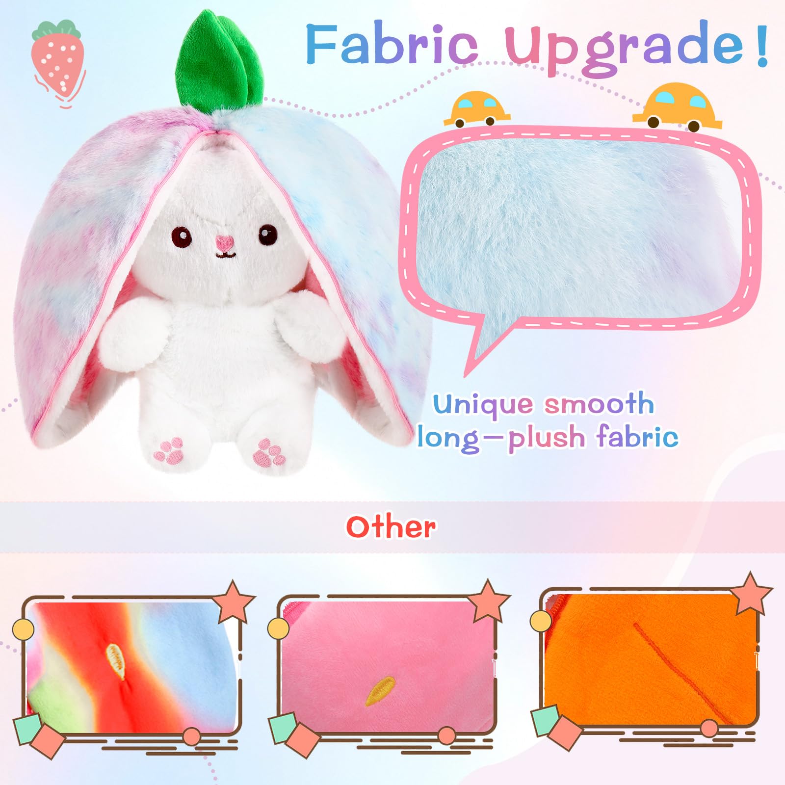 MIAODAM Bunny Stuffed Animal Reversible Cuddle Bunny Stuffed,Strawberry Bunny Transformed Rabbit Plush Zipper,Turns Into Ears Bunnies Plushies Toy Cute Stuffy Doll Easter