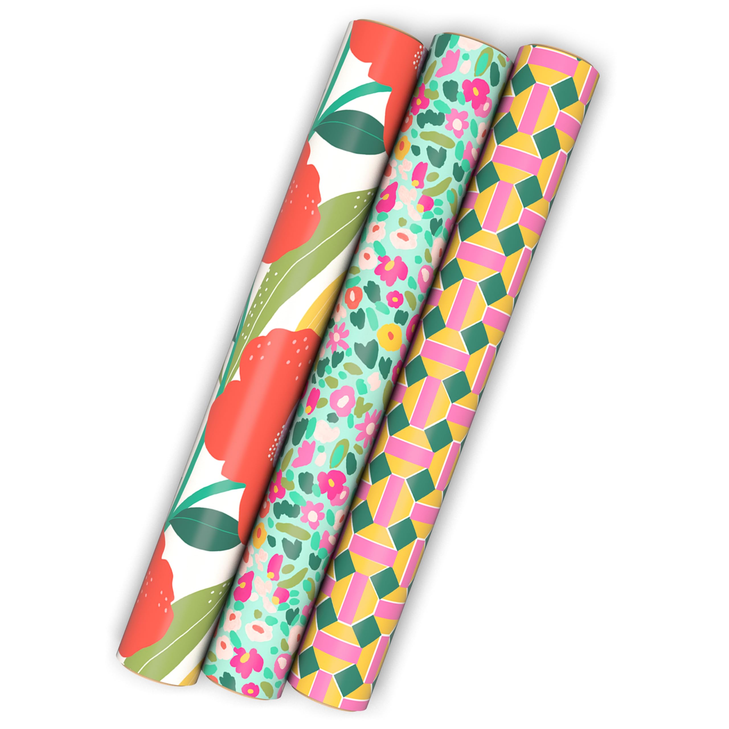 Hallmark Floral Wrapping Paper Mini Rolls, 3-Pack (Pink, Orange, Yellow Flowers on Teal, Green and Pink Geometric) for Birthdays, Easter, Mother's Day, Bridal Showers, Any Occasion - 60 Sq. Ft. Total