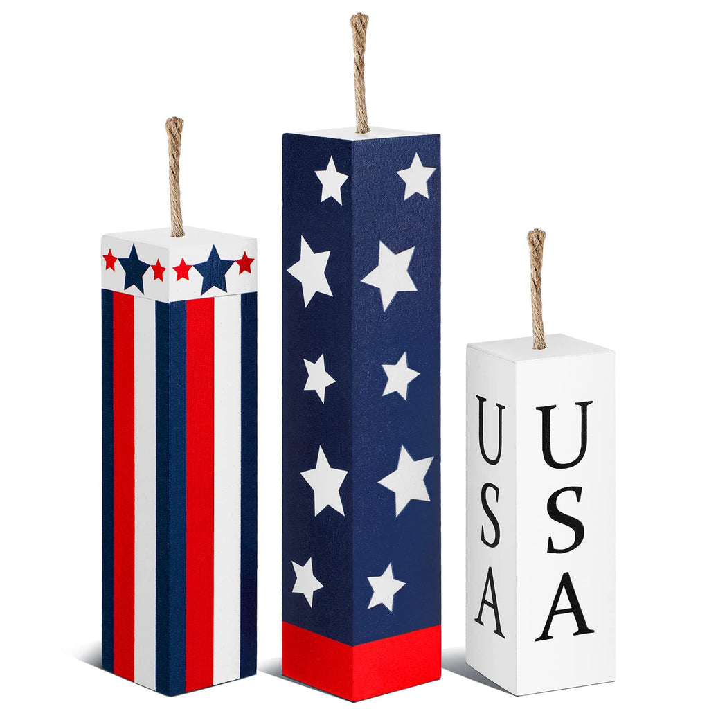 Amyhill 3 Pcs 4th of July Decorations Set Wooden Patriotic Table Centerpieces Independence Day Wood Firework Fourth of July Table Signs for 250th Anniversary Home Farmhouse Decor (Flag)