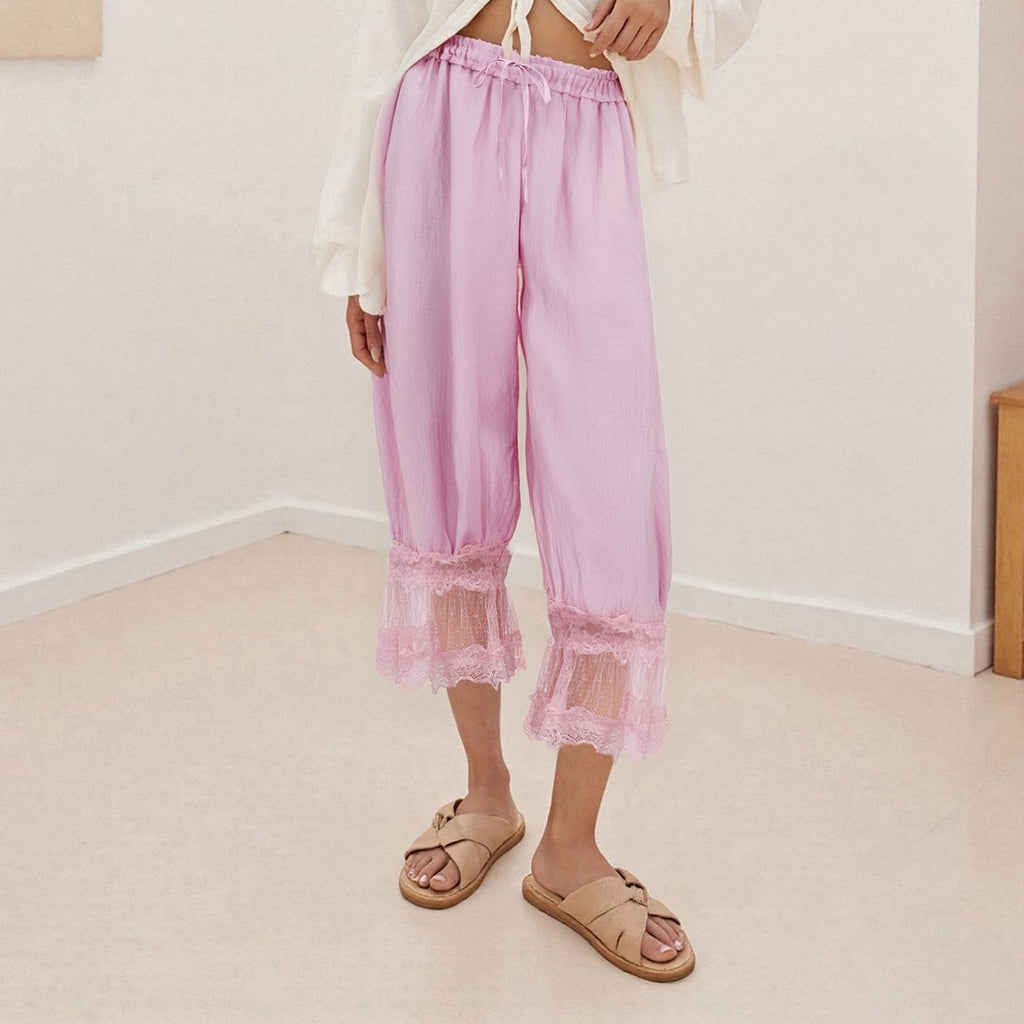 Women Bloomers Pants Y2K Flare Lace Trim Vintage Pantaloons Cute Ruffled Pumpkin Pants Capri Pajama Bottoms