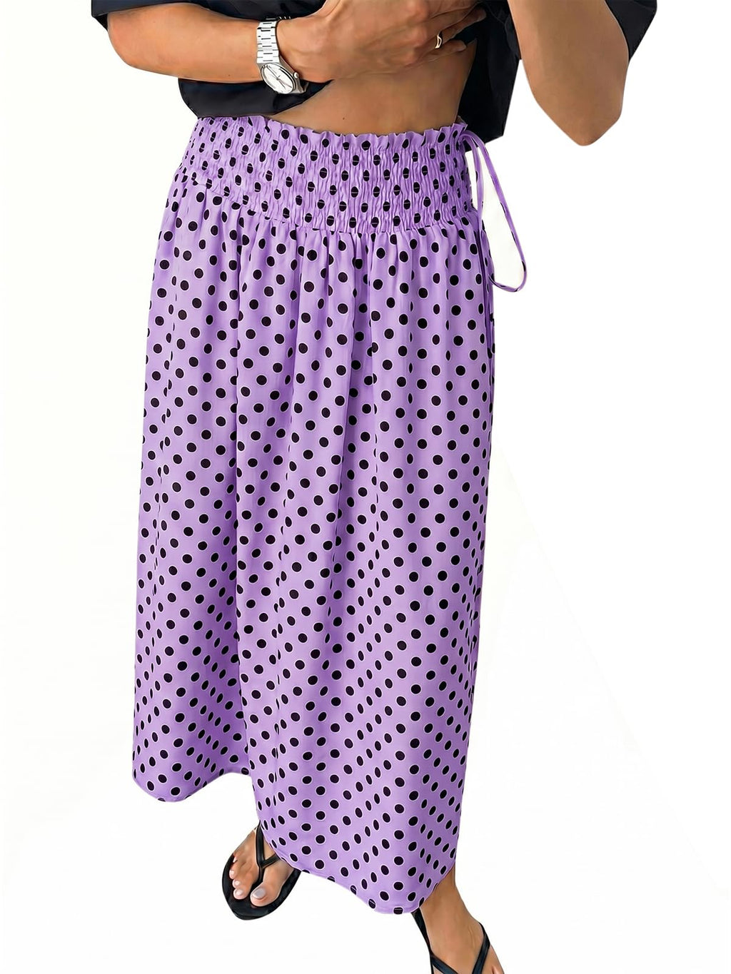 Tankaneo Womens Polka Dot Maxi Skirts Boho Smocked High Waisted Tie Skirt Casual Beach Vacation Dress