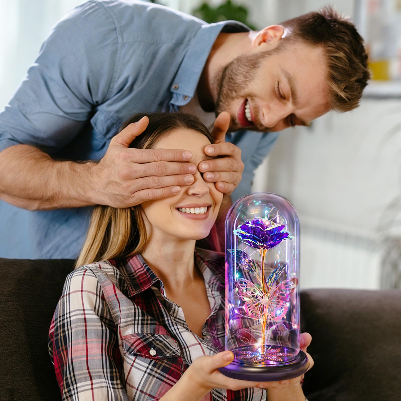 Pusuny Mothers Day Flowers Gifts for Mom Women Birthday Gift Galaxy Glass Rose Forever Eternal Crystal Flowers Rose in Glass Dome with Butterfly Mother's Day Roses Gifts for Mom Daughter Wife Purple
