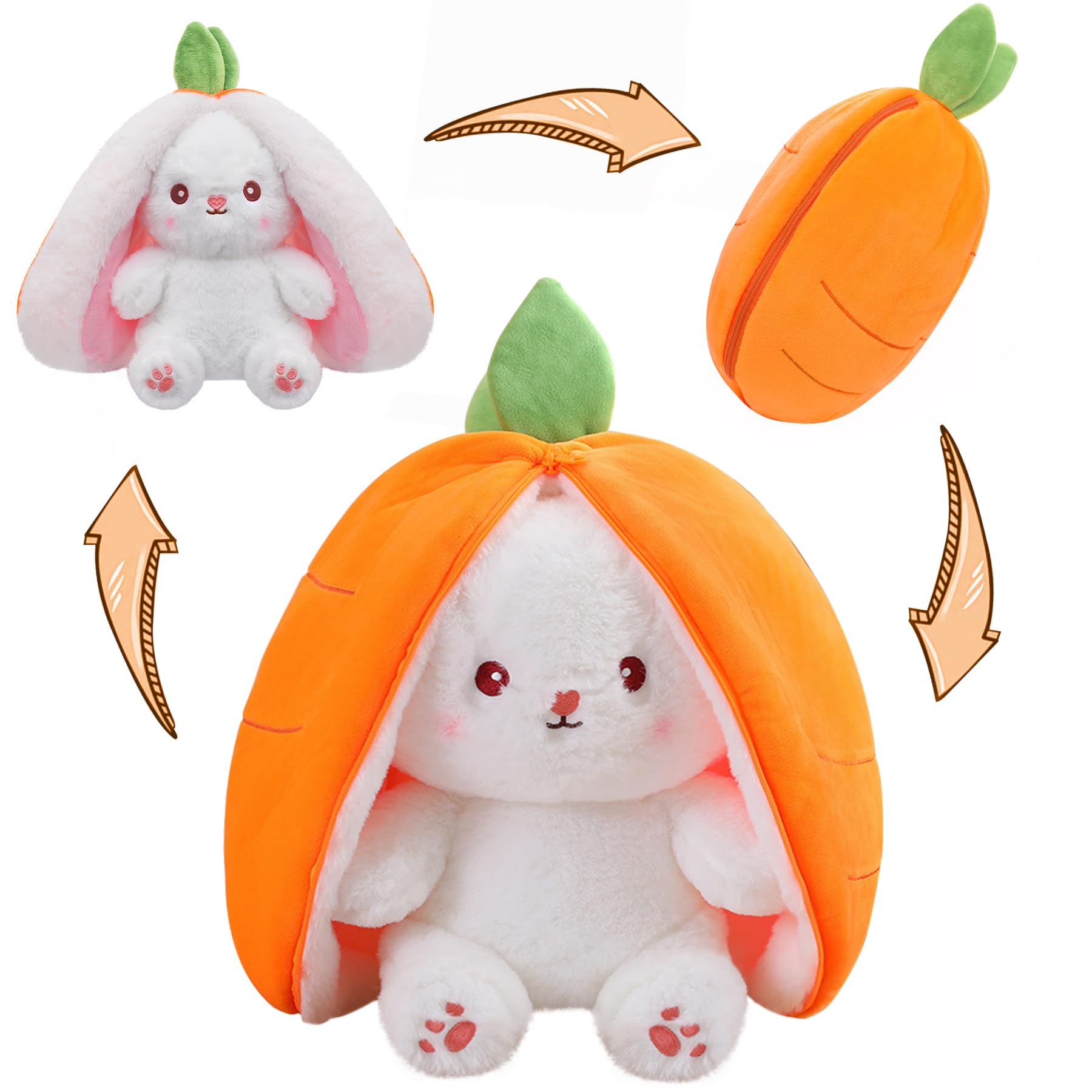 MIAODAM Bunny Stuffed Animal Reversible Cuddle Bunny Stuffed,Strawberry Bunny Transformed Rabbit Plush Zipper,Turns Into Ears Bunnies Plushies Toy Cute Stuffy Doll Easter