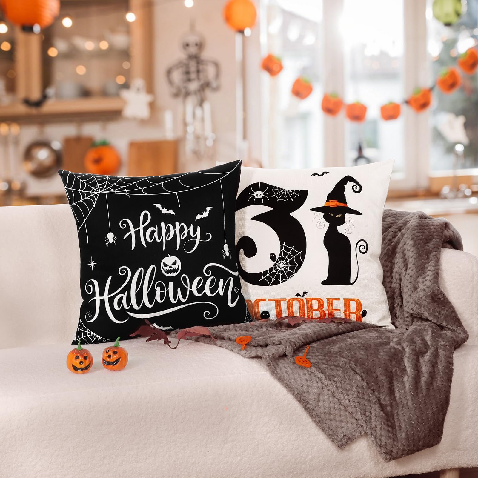 Hongsome Fall Decorations for Home-Throw Pillow Covers 18x18in Set of 4,Pumpkin Linen Pillow Case for Thanksgiving Couch Autumn Holiday Outdoor Burnt Orange White Decor