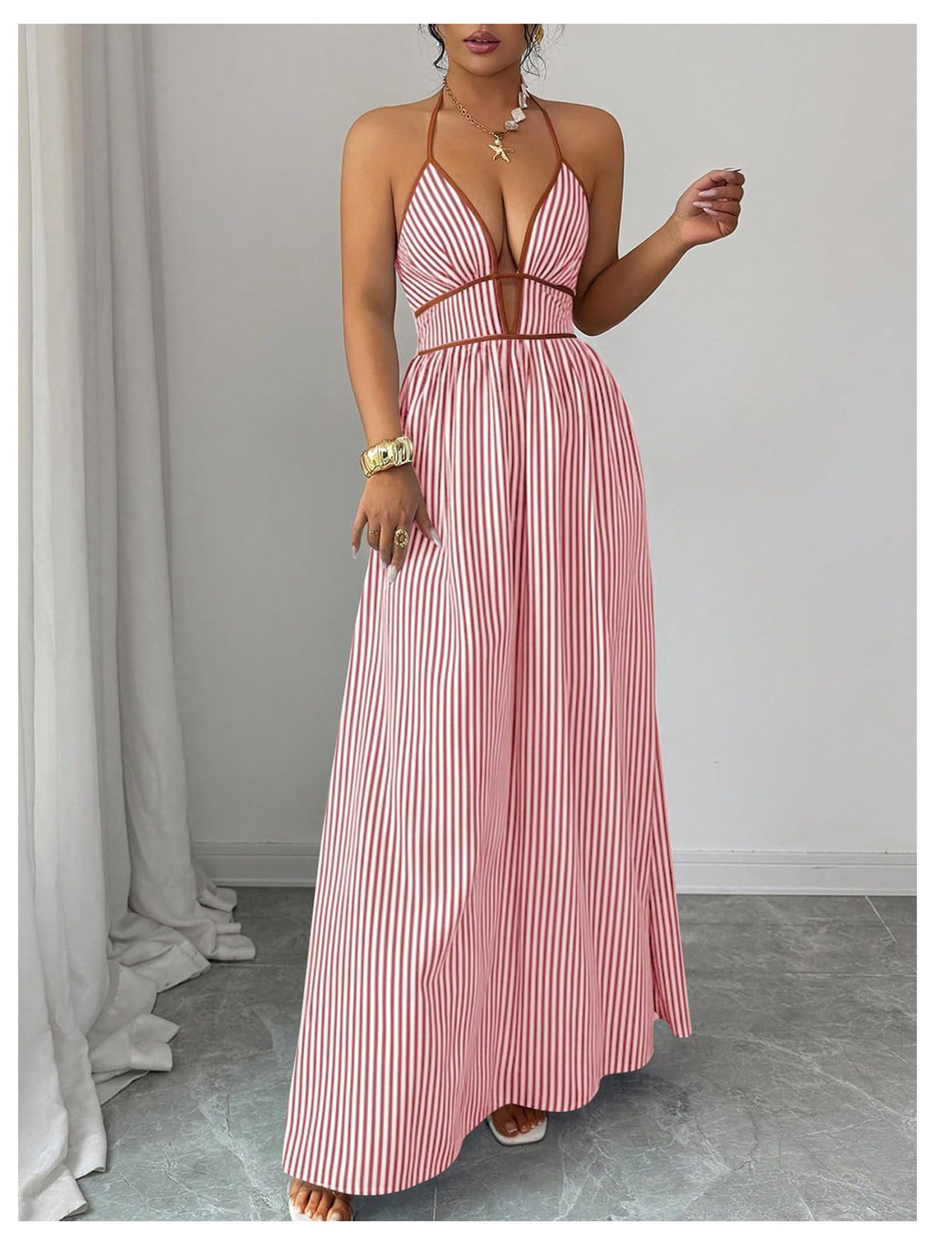 Floerns Women's Striped Halter Maxi Dress Backless Smocked Beach Vacation Boho Dress