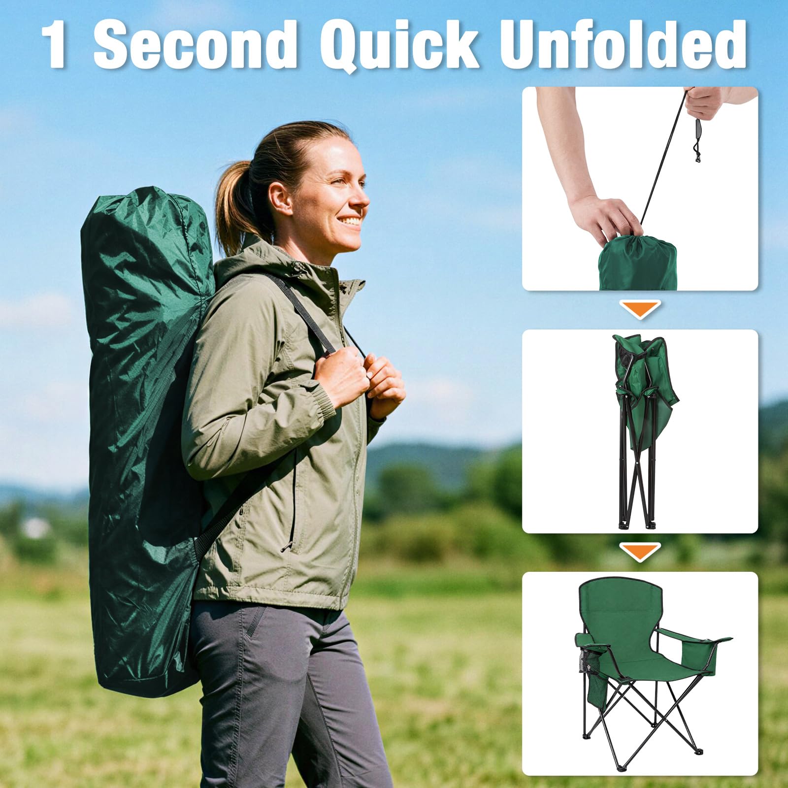 Camping Chairs for Adults 2 Pack, Folding Chair with 4-Can Cooler Bag & Cup Holder, Portable Heavy Duty Outdoor Chair with Mesh Back for Camping, Beach, Lawn, Fishing, Blue