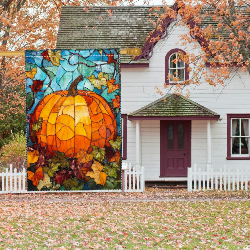 Fall Garden Flag For Outdoor Decor Thanksgiving Garden Flags Autumn Stained Glass Pumpkin Maple Leaf Double Sided Small Burlap Outside Porch Lawn Yard Flags Decorations 12.5x18 Inch