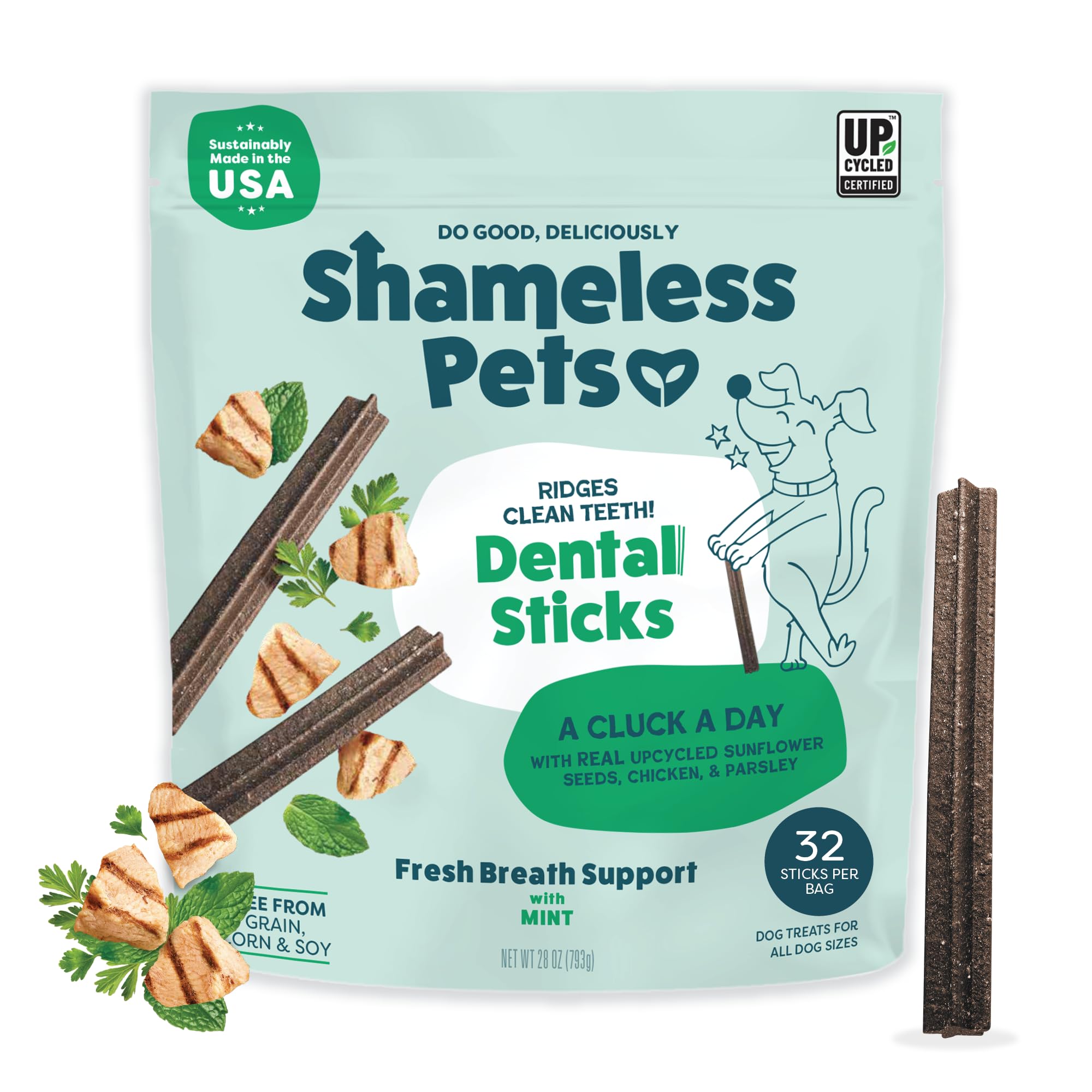 Shameless Pets Blueberry & Mint Dental Chews for Dogs, 8 Chews - Natural Dog Teeth Cleaning Treats with Fresh Breath Benefits | Grain-Free Dental Sticks for Small, Medium & Large Dogs
